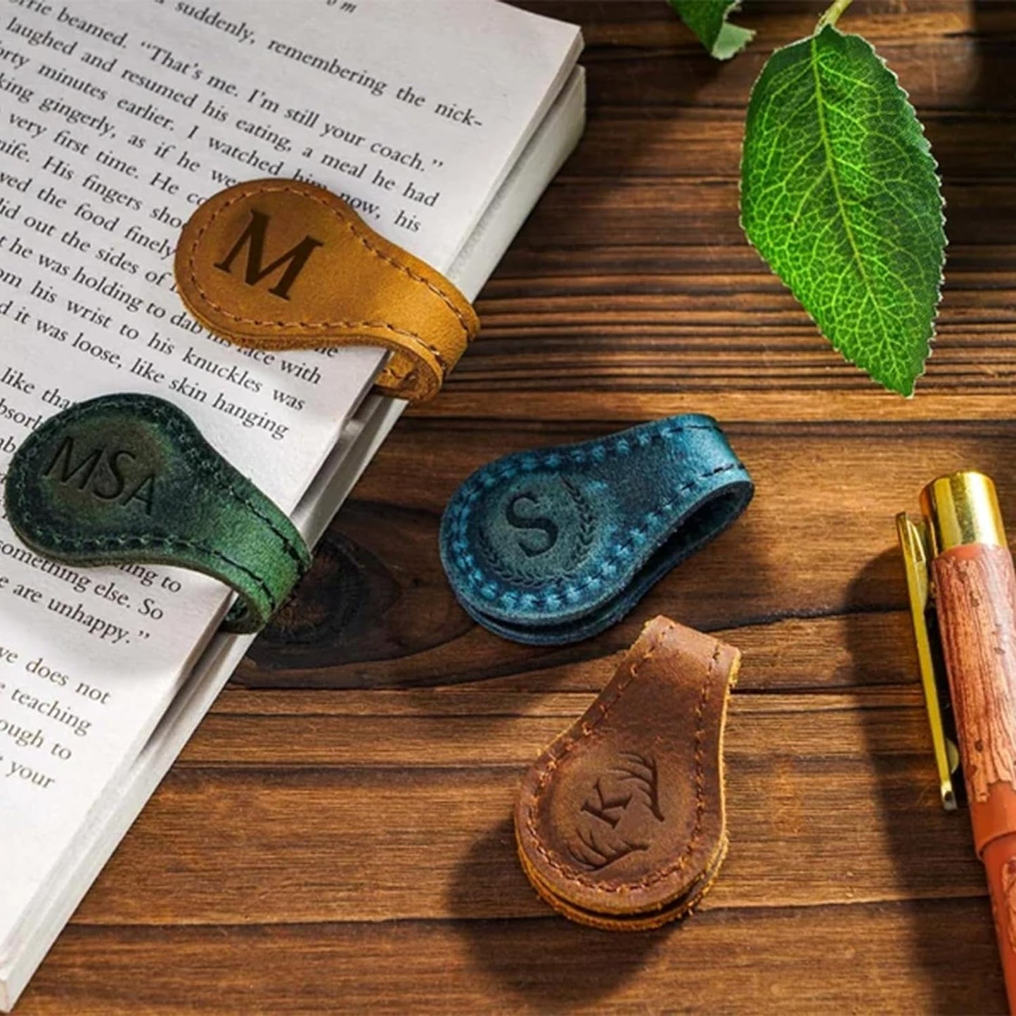 Custom Leather Magnetic Bookmarks Personalized Vintage Engraved Name Initials Text Book Marker Clips Customized Gifts for Readers Kids Book Lovers Classmate (Customizable)
