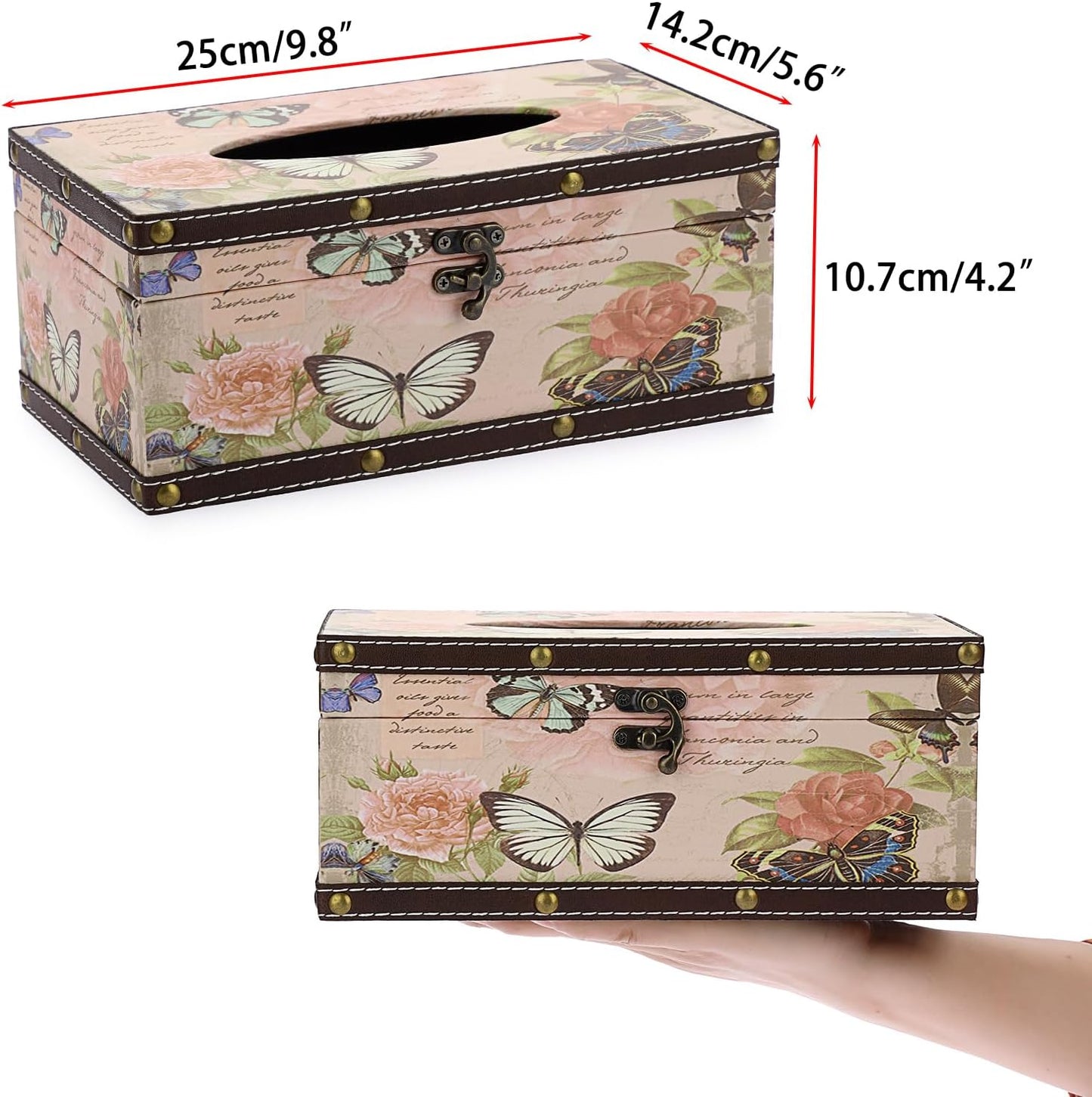 Sumnacon Tissue Box Cover Rectangle Tissue Box with Lid,Wood Tissue Box Holder with PU Cover and Vintage Pattern,Retro Tissue Cover for Bathroom Toilet Living Room Table Desk Office Car Decor, Pink