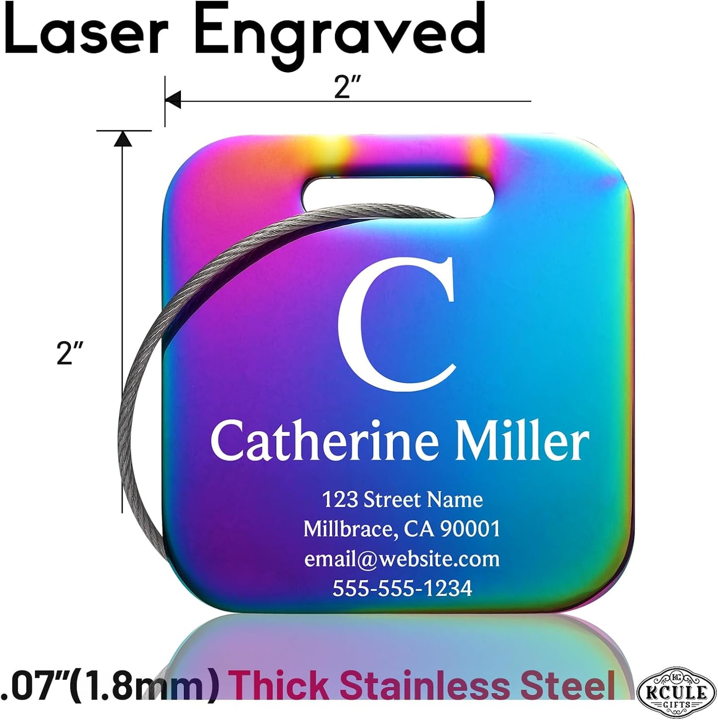Customizable Stainless Steel Square Luggage Tags, Personalized, Metal, Suitcase, Bag, TSA Approved, Travel, Custom Text, Laser Engraved, Classic Square, Multicolor, 1 Count