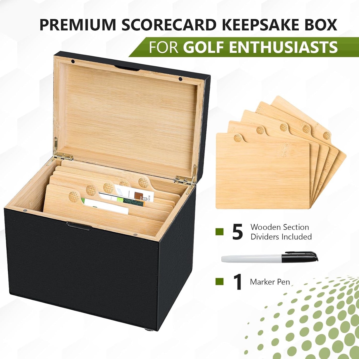 Golf Storage Box Golf Gifts - Golf Scorecard Collection Box with 5 Wooden Dividers - Golf Organizer for Scorecards, Photos, Keepsakes; Fathers Day Dad Gifts for Men from Wife (Black)