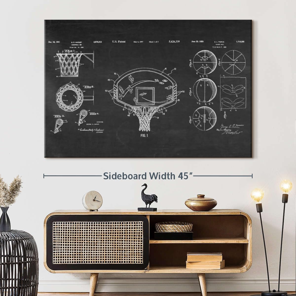 ElephantStock Basketball Patents Canvas - 1 Panel Sports Patent Wall Art Decor - Sports Decorations for Boys Room - Wall Art and Office Decor - 45" X 30"