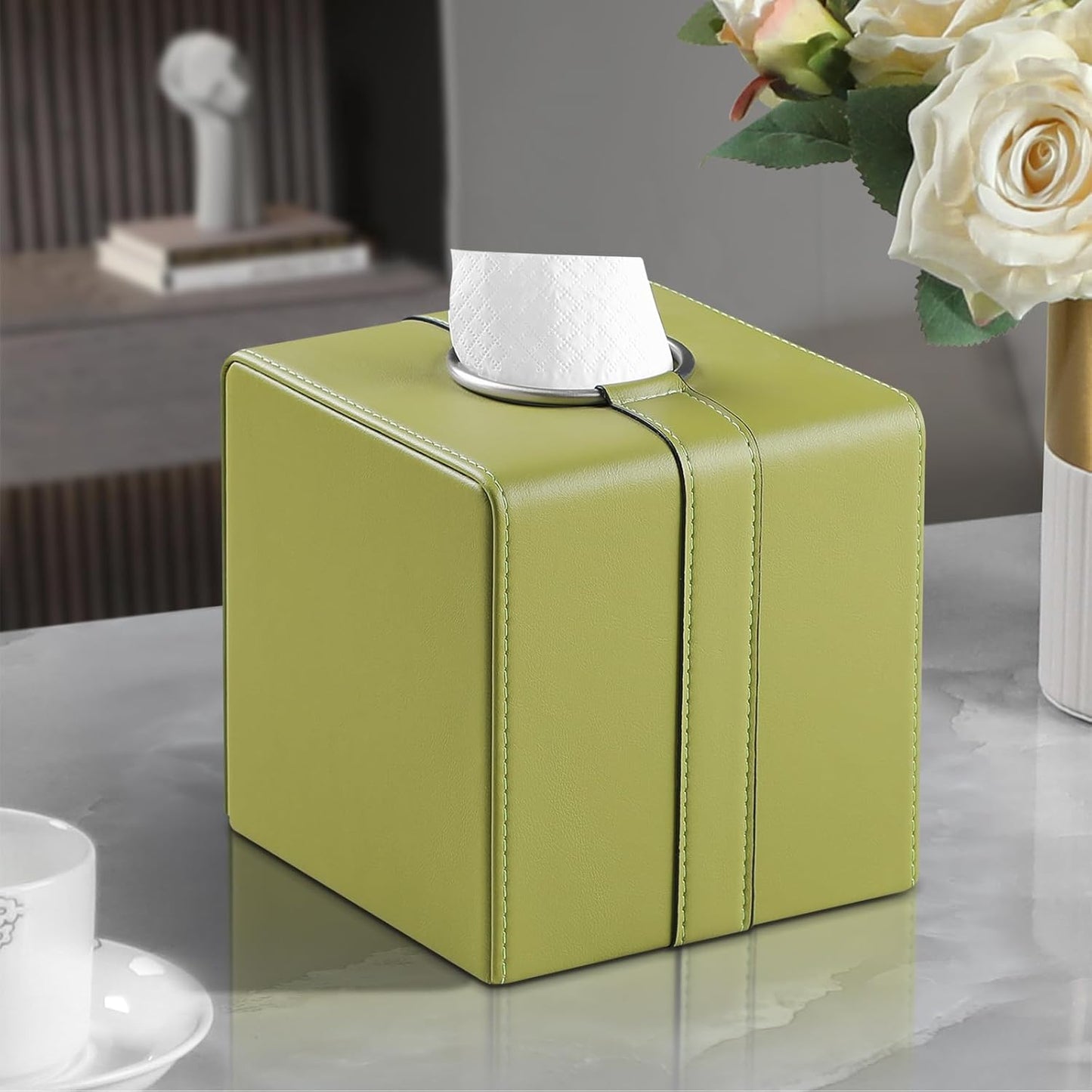 Square Tissue Box Cover, Luxury PU Leather Tissue Holder with Magnetic Closure (Green)