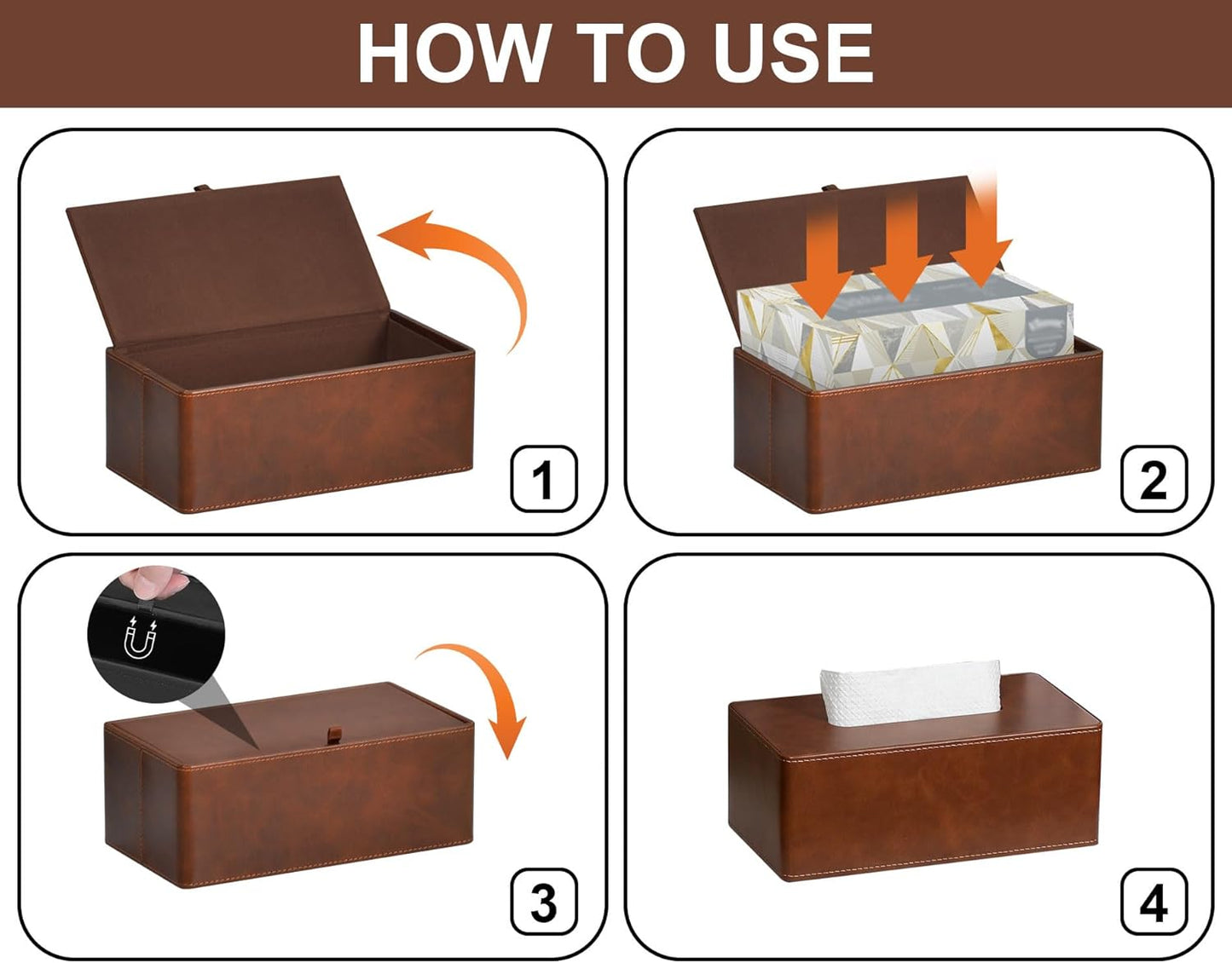 Tissue Box Cover Rectangular 9.8"(L) x 5.3"(W) x 4.3"(H) Refined Modern PU Leather Facial Tissue Dispenser Box Holder for Dresser Bathroom Decorative (Brown)