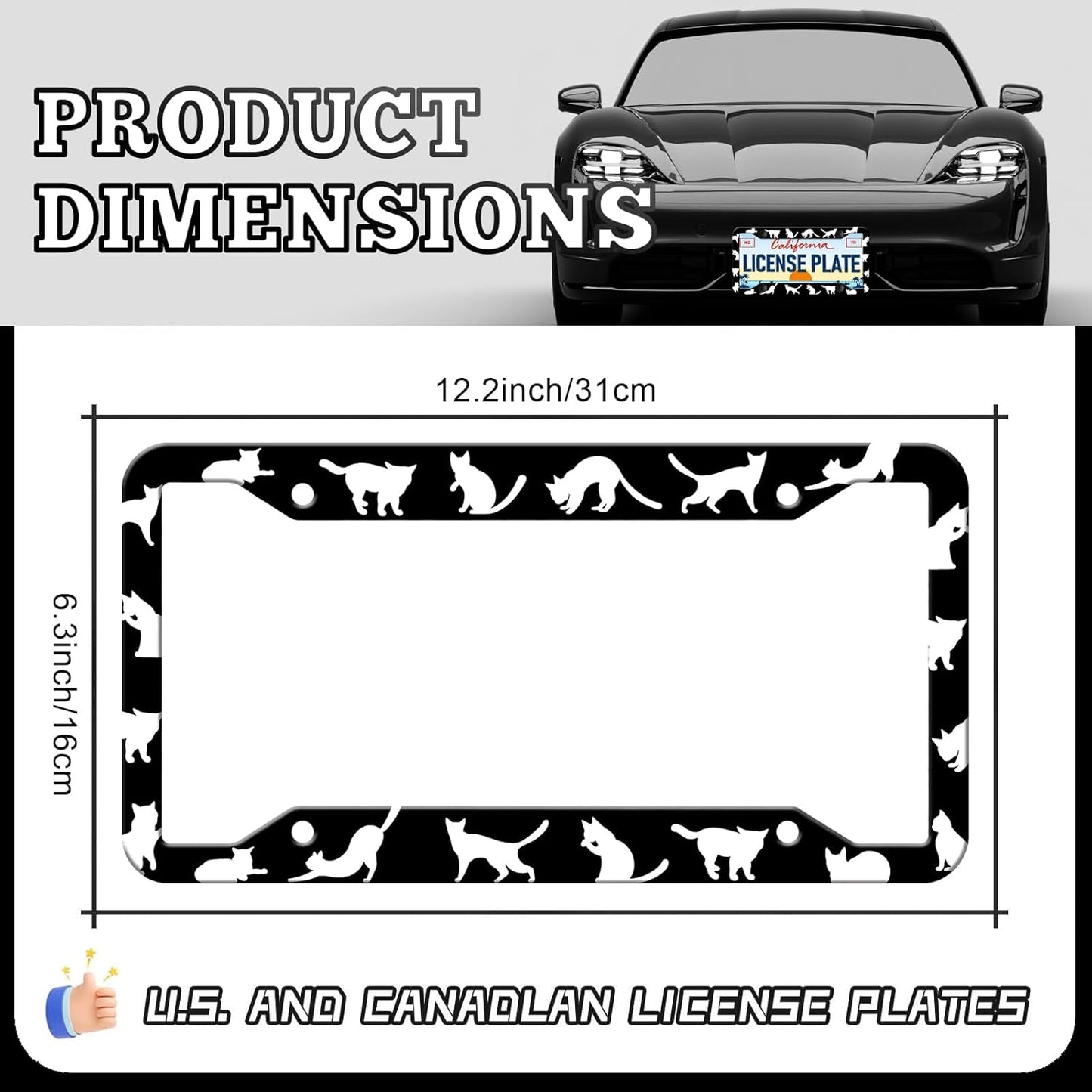 Cat License Plate Frames - 2 Pack Front Rear Cute Cats Pet Animal License Plates Holder Covers, Aluminum Metal Rust-Proof Waterproof Car Tag Frame with Screws Fasteners Caps