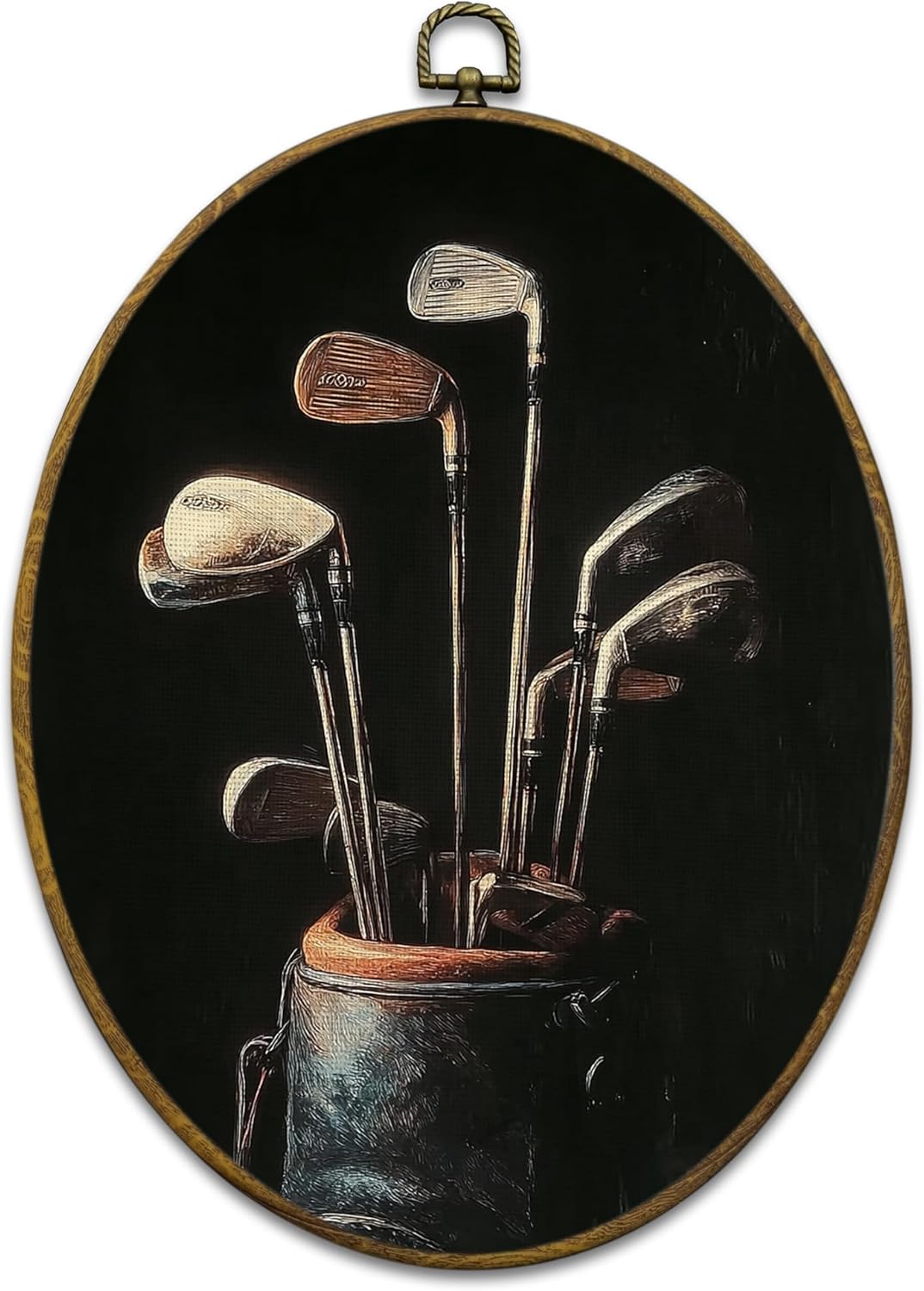 Vintage Golf Wall Art Decor, Golfing Gifts Framed Canvas Prints 8.6x11.4, Rustic Retro Classic Golf Bag Aesthetic Oval Wall Hanging Artwork Decorations for Home Bedroom Gym Man Cave Sport Room