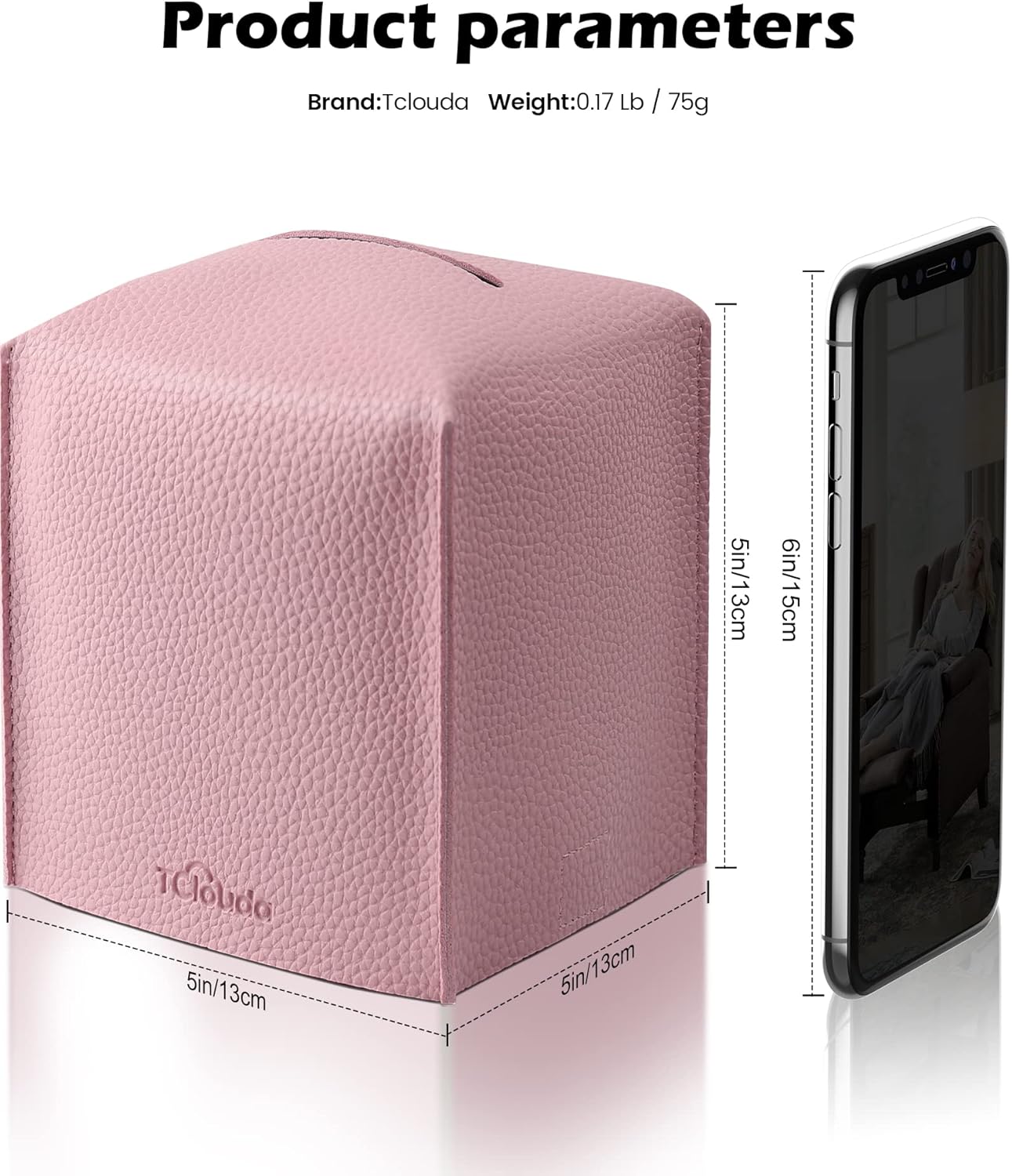 Tissue Box Cover for PU Leather, Modern Simple Solid Color Holder Square Tissue Bag, Ideal for Bathrooms,Office,Car,Nightstand,Outdoor Tent,Dining Table,5"X5"X5", Double Pink