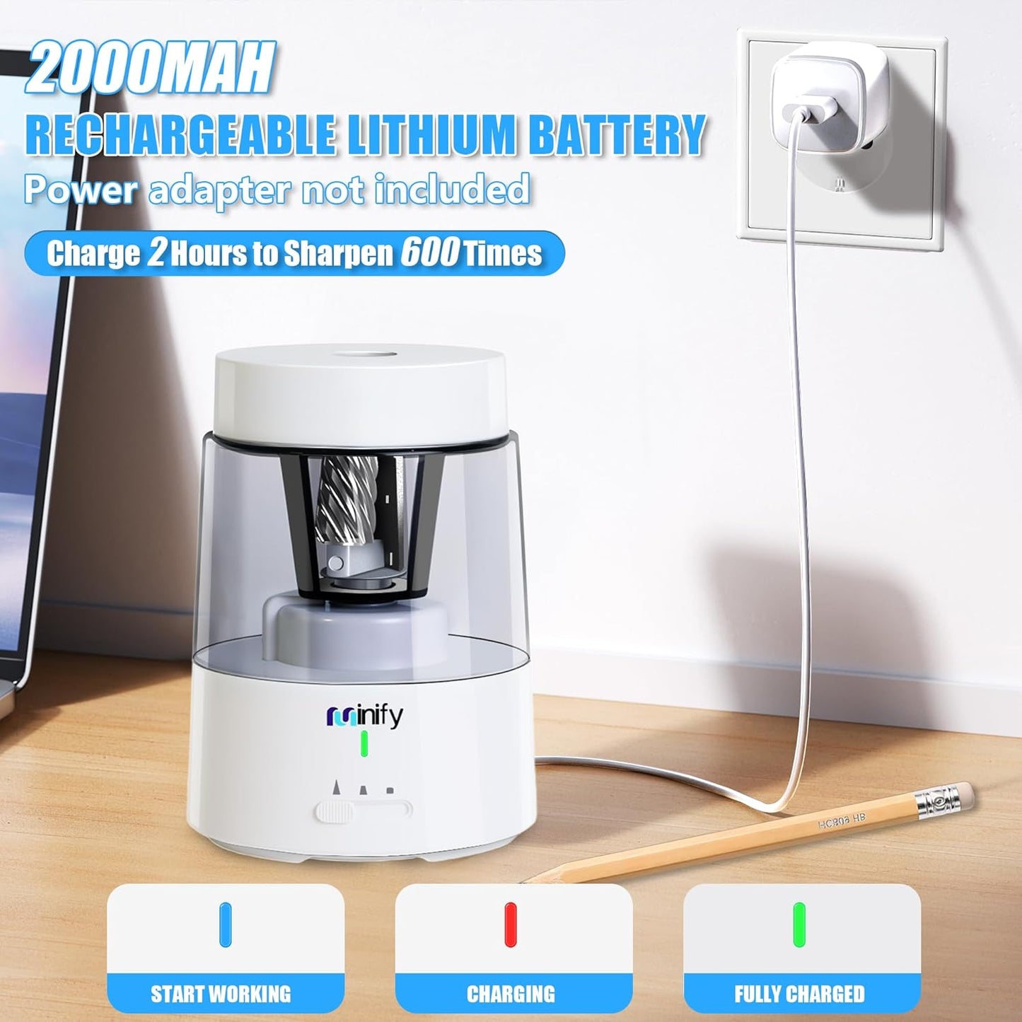 Pencil Sharpener Electric Pencil Sharpener Heavy Duty Blade Rechargeable Battery Powered Pencil Sharpeners for 6-8mm Colored Pencils Auto Stop Fast Sharpen in 3s (White)