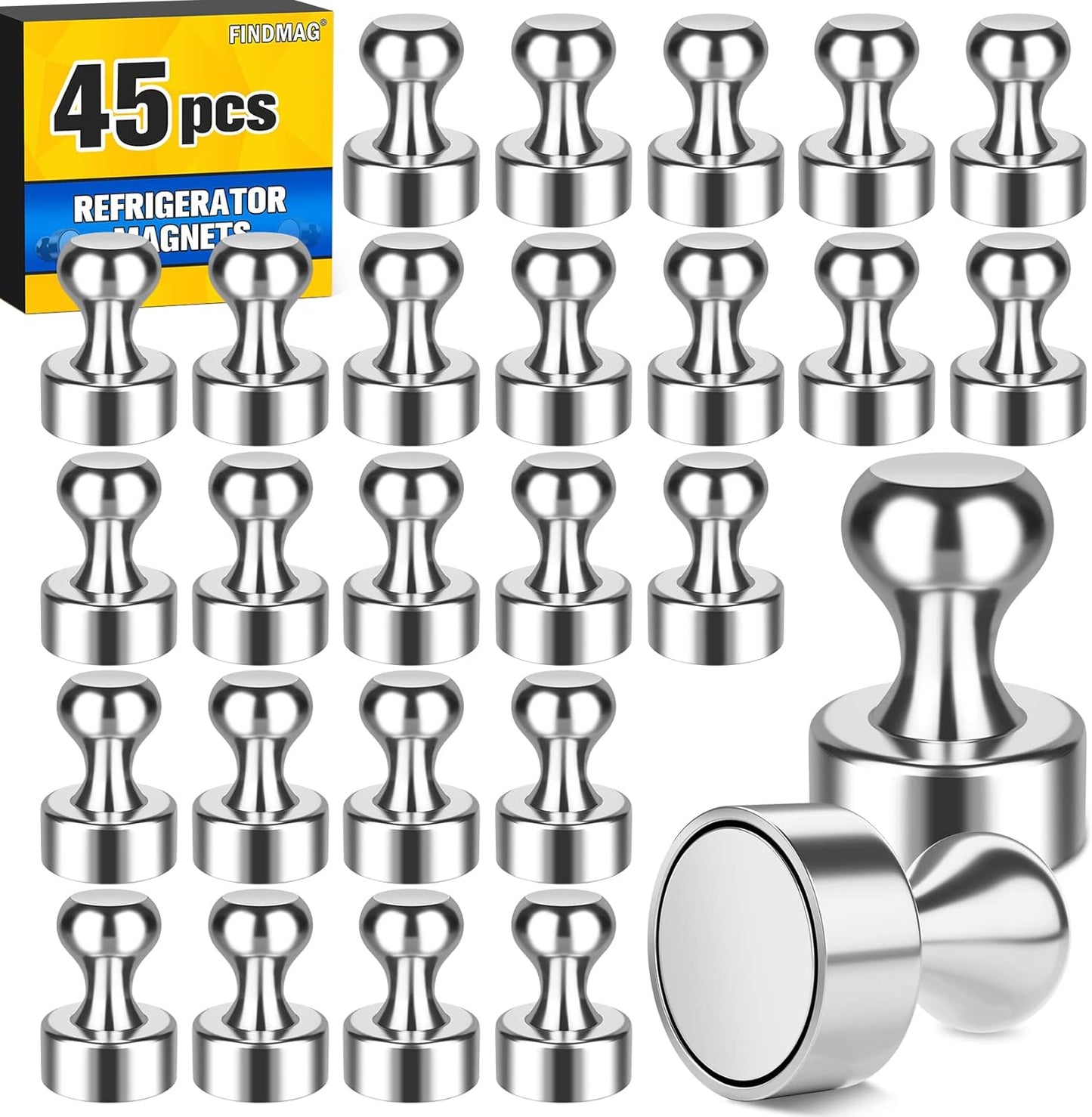FINDMAG 45 Pack Fridge Magnets for Whiteboard, Strong Refrigerator Magnet, Small Neodymium Magnet, Tiny Magnet for Hanging, Map, Projects (Silver)
