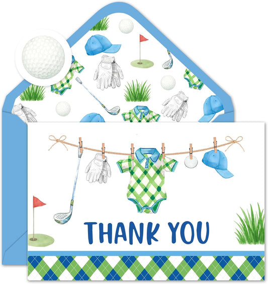 Whaline 50 Pack Golf Baby Shower Thank You Cards Greeting Card with Envelopes Stickers Blue Green Golf Ball Club Glove Hat Cloth Blank Note Card for Birthday Sport Party, 4 x 6 Inch