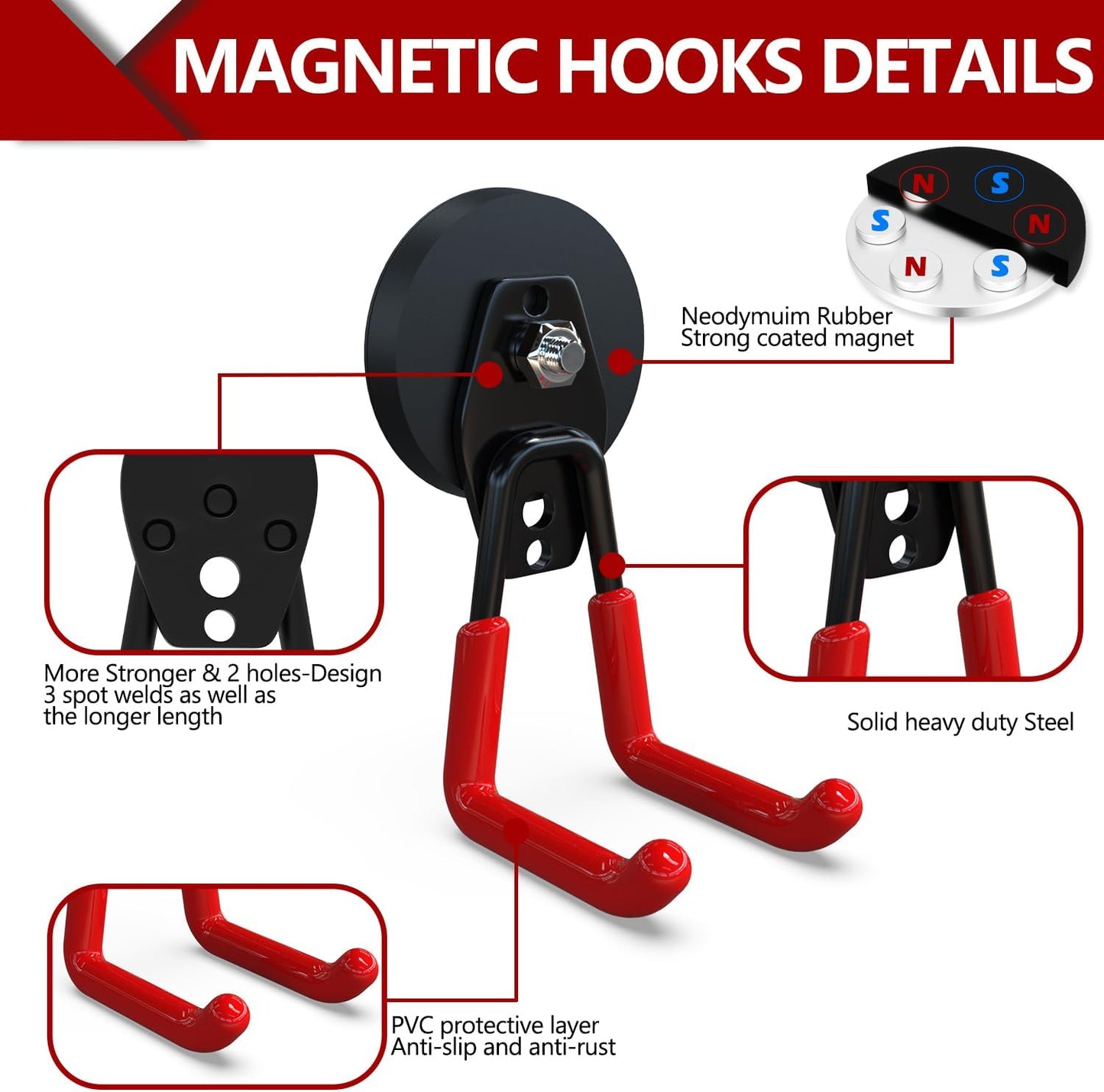 3-H Heavy Duty Magnet Garage Hooks 2 Pack, Large Strong Magnetic Hooks for Hanging Cordless Power Drill, Utility Magnetic Tool Holder for Metal Cabinet, Steel Pegboard, Toolbox, Garage(Red)