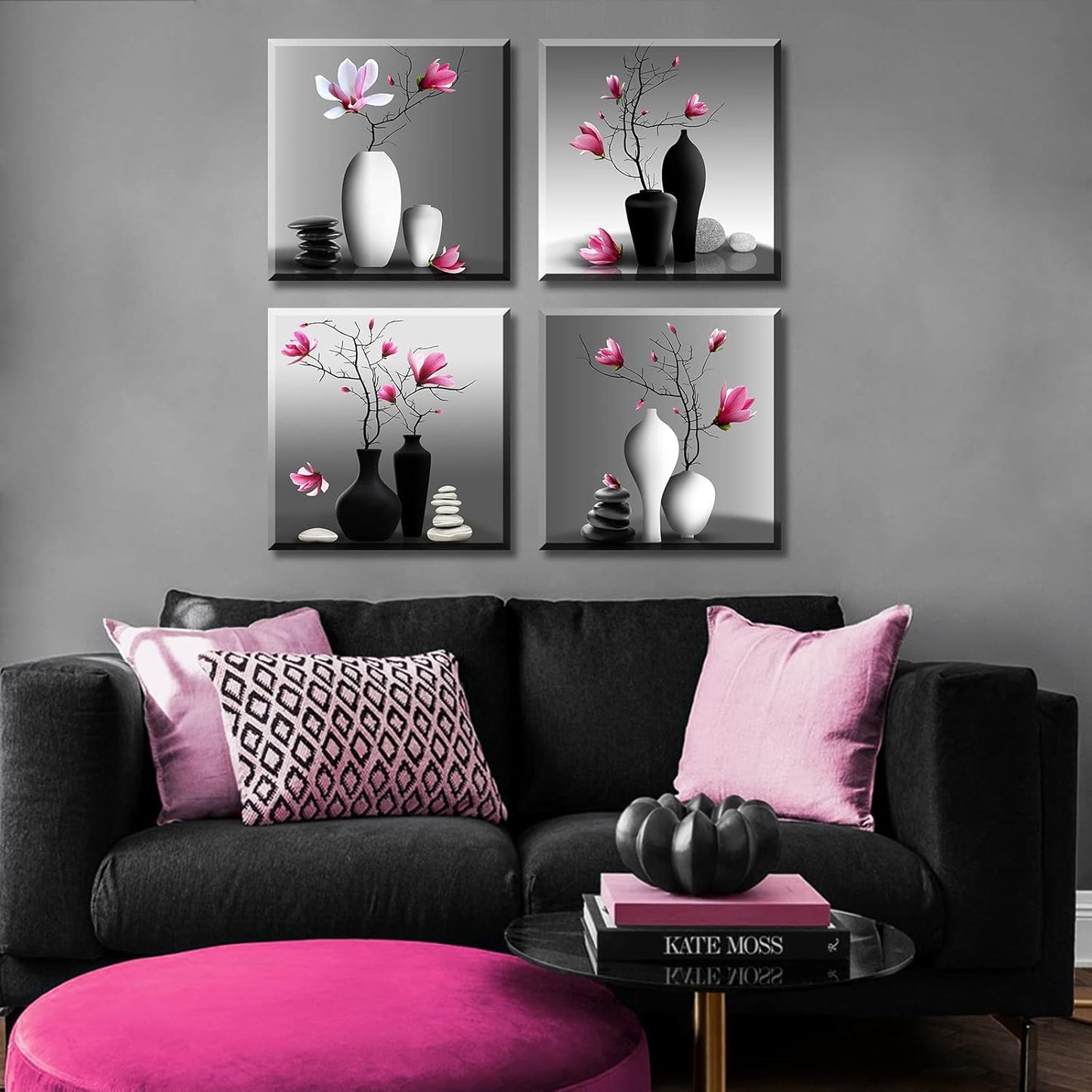 DJSYLIFE Modern Bathroom Pictures Wall Decor Zen Flowers Paintings Canvas Decorations Black and White Wall Art for Bedroom Living Room Home