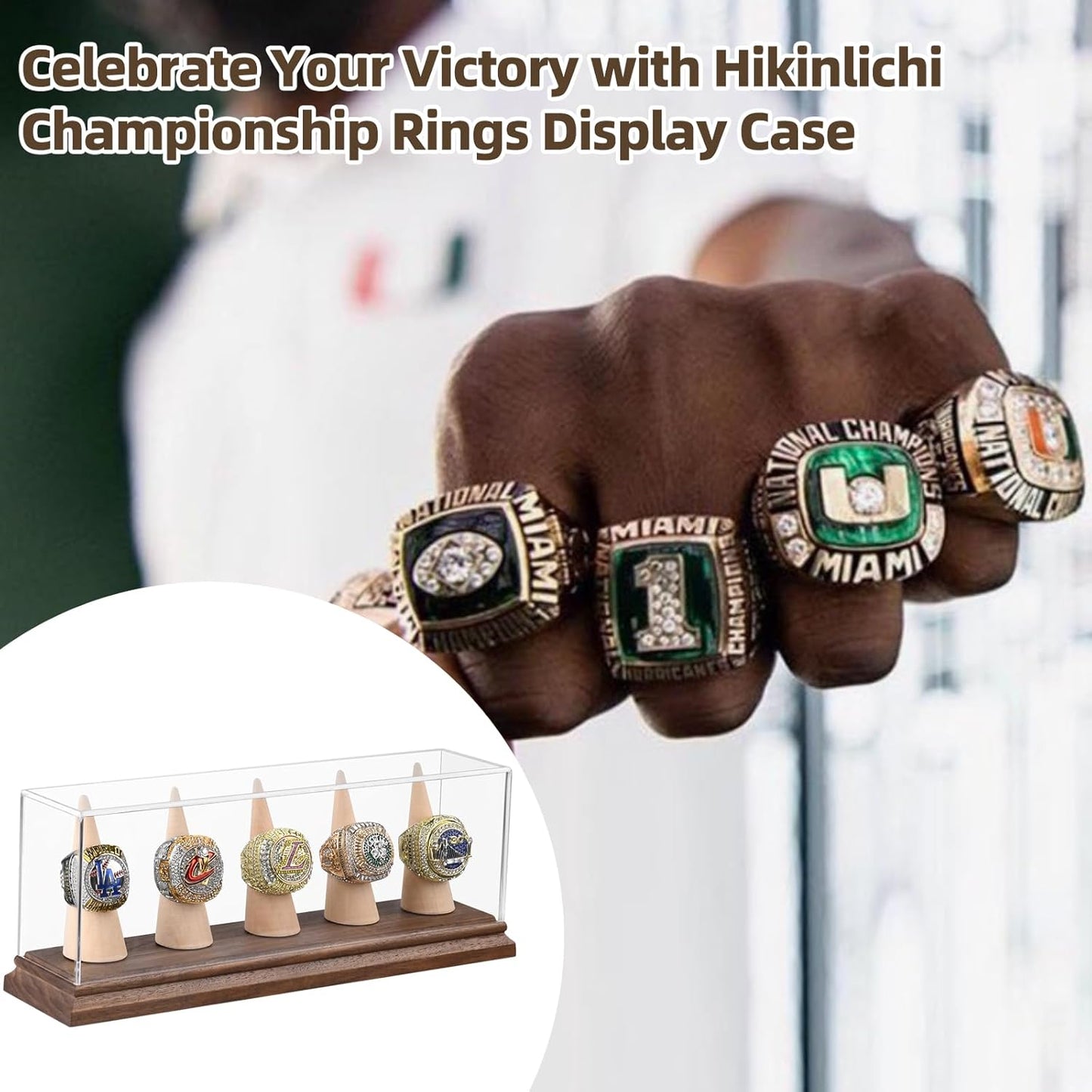 Championship Ring Display Case Baseball Softball Football Ring Holder for 5 Rings Wanult Wood Base Acrylic Sports Ring Display Case Stand for Men Wooden Ring Box for Women Memorabilia Showcase Cube