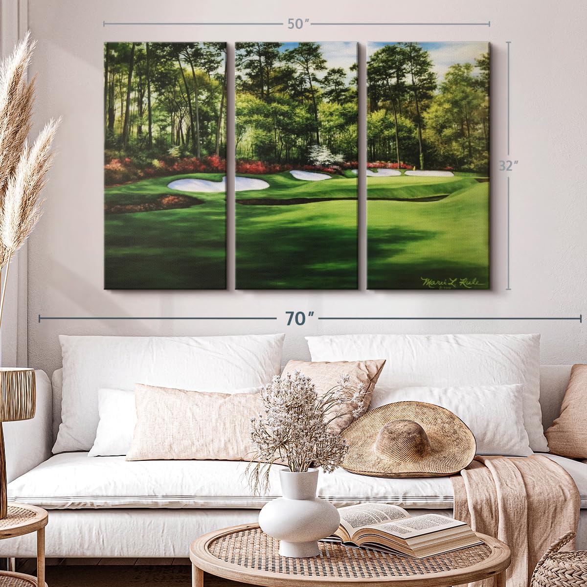 ElephantStock Augusta National 13th Hole I Wall Art - Horizontal Canvas - 3-Piece Living Room Wall Decor - Painting Sports Canvas Print - Green and Red Decor for Wall by Marci Rule - 50" X 32"