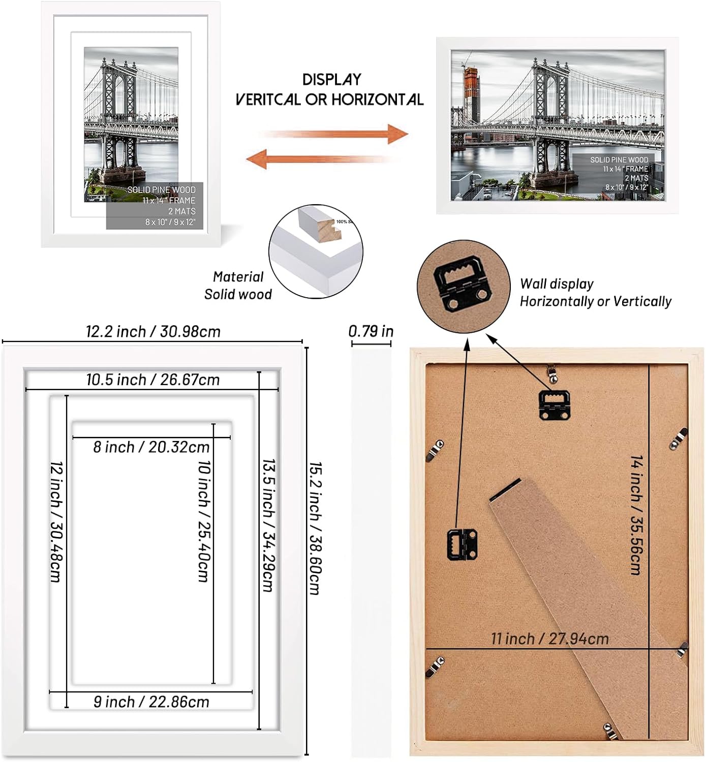 11x14 Picture Frames Solid Wood Display Pictures 9x12 or 8x10 with Mat or 11x14 Frame without Mat Poster Photo Frame Art with 2 Mats for Wall Mounting or Table Top(White)