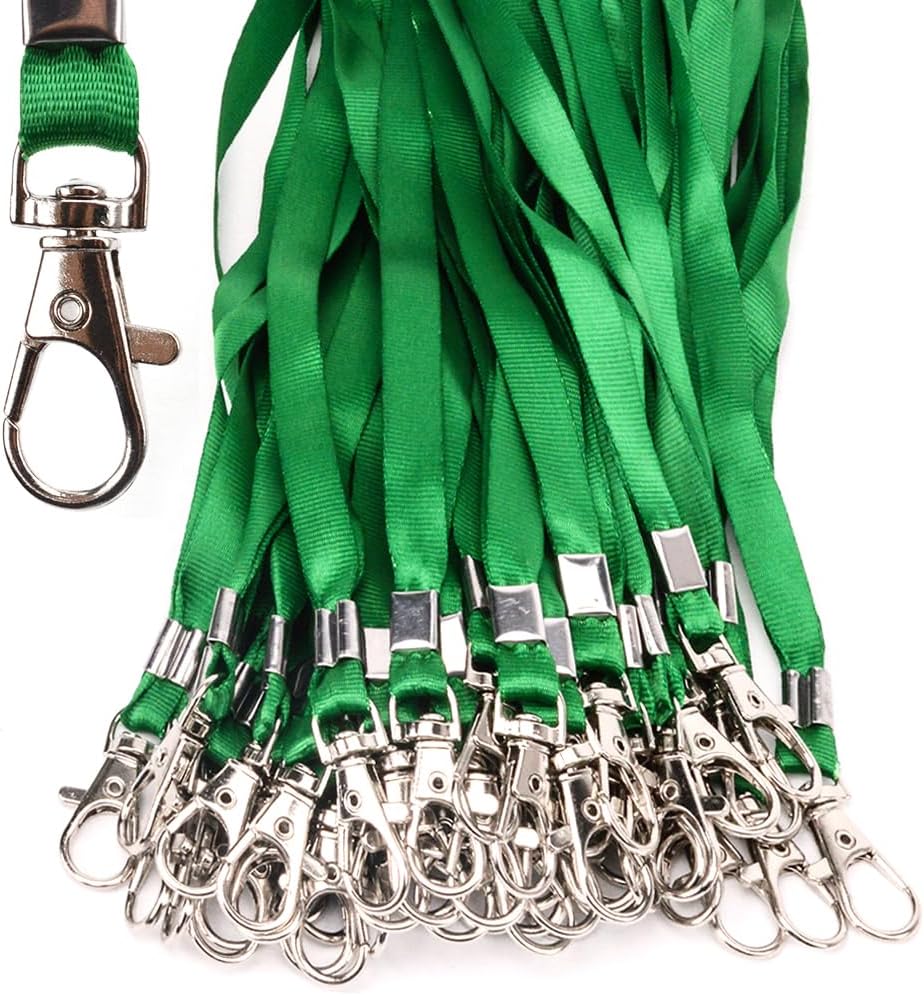 Lanyards 100 Pcs Bulk Lanyard for Id Badges Flat Black Lanyard with Badge Clip Swivel Hook (100, Green)