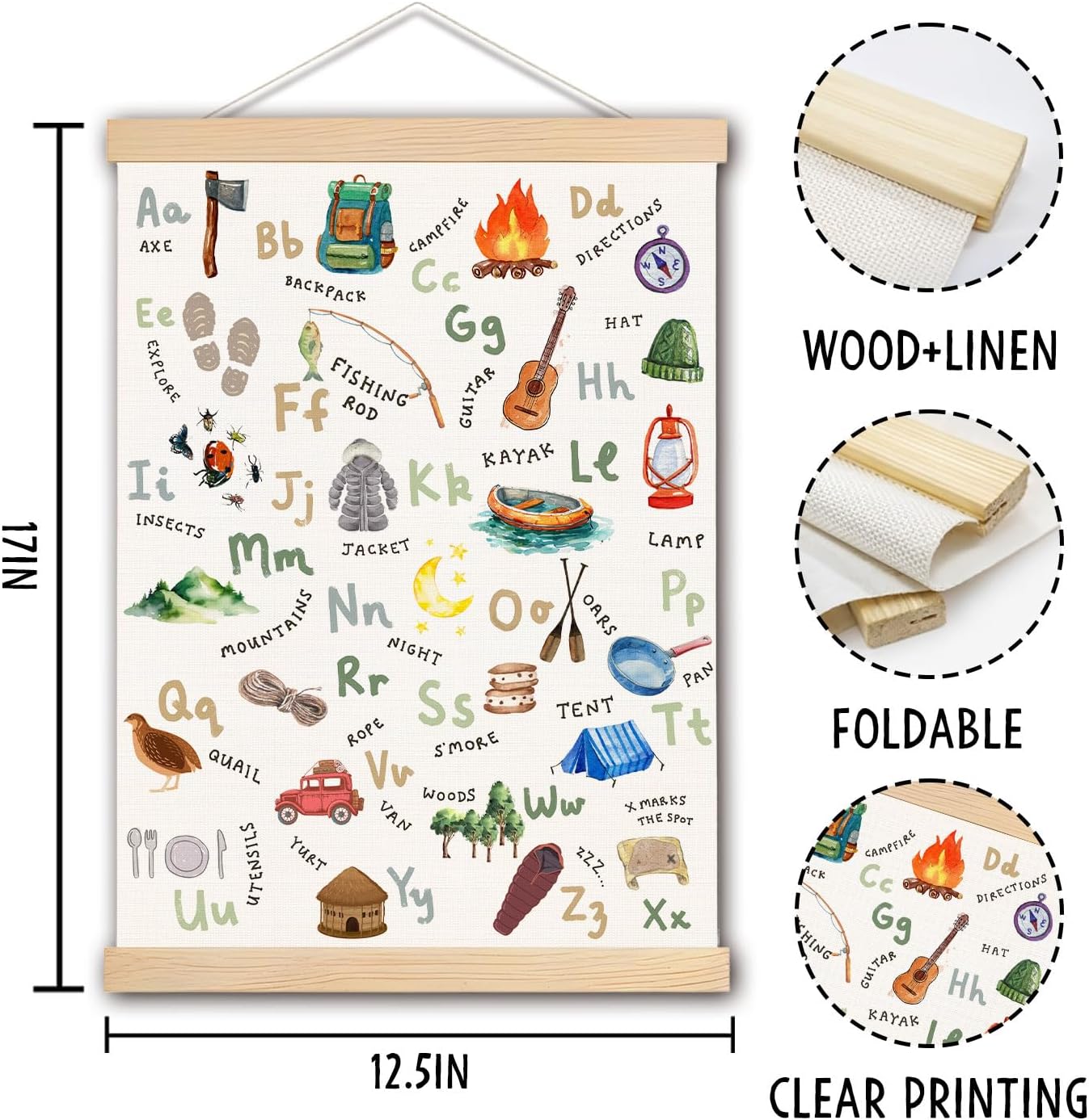 Alphabet Poster, Camping Alphabet Nursery Wall Art Poster Hanger Frame, Camper Decor, Alphabet ABC Educational Posters Wall Decor for Camper Home Classroom Kids Room Playroom Nursery, 12x16 Inches