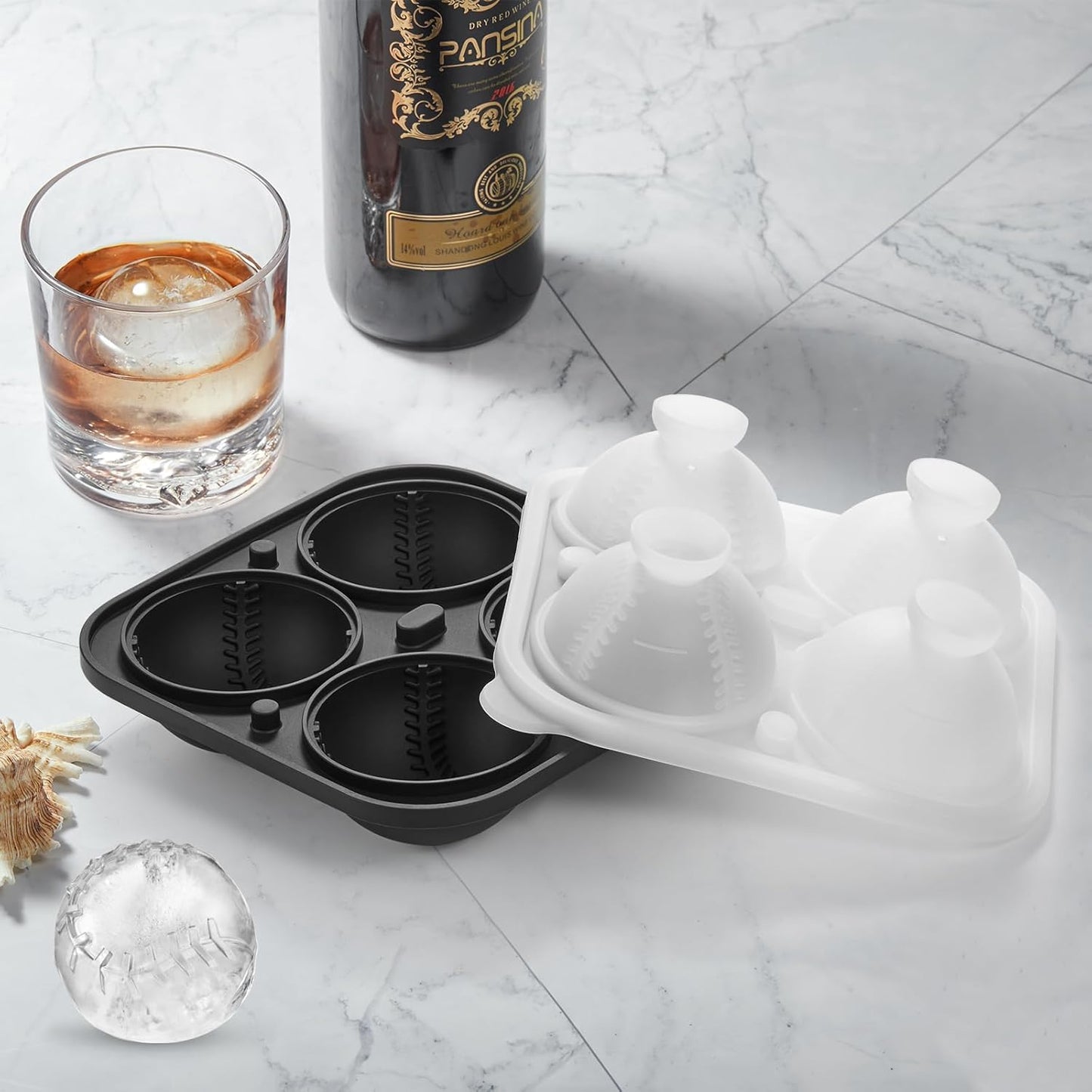 Novelty Baseball Gifts Ball Ice Maker Mold, 2.2" Large Sphere Round Ice Cube Mold for Cocktails, Whiskey, Bourbon Chilling, 4 Hole Fun Shapes Big Silicone Circle Ice Cube Trays