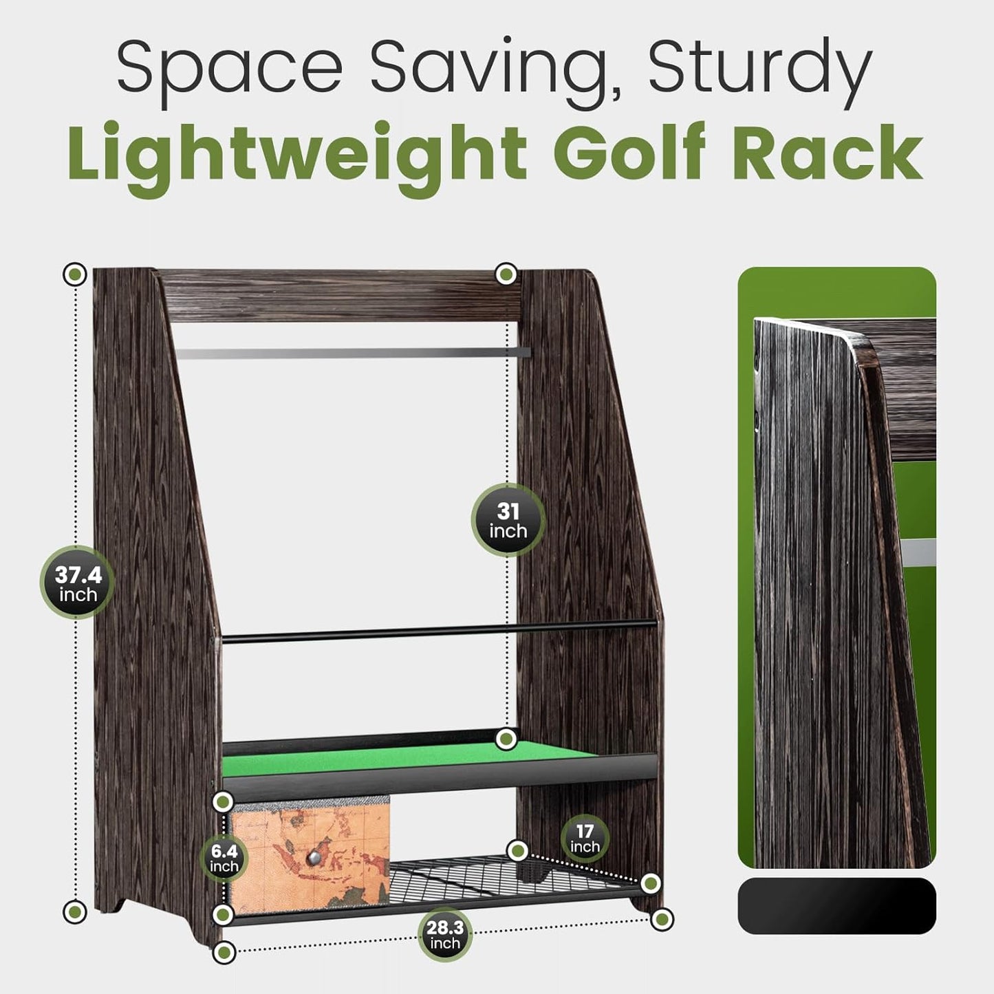 Golf Bag Organizer Rack – Large Wooden Golf Storage for 2 Bags, Clubs & Accessories with Dustproof Drawer, Sports Equipment Rack for Garage, Practice Room, Home or Office (Black)