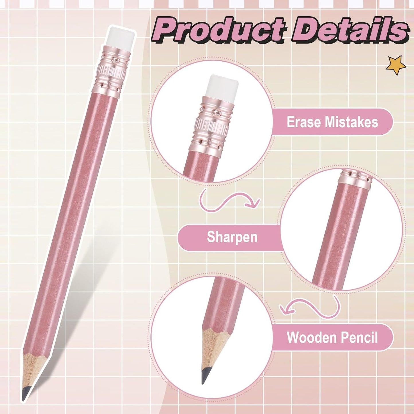 Outus 72 Pieces Golf Pencils Half Pencils with Eraser Mini Bulk Short #2 HB Pre Sharpened for Bridal Shower Wedding Office (Rose Gold)