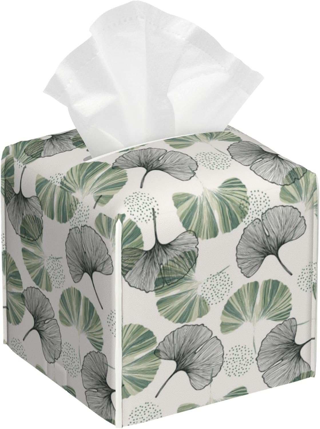 Gingko Leaf Tissue Box Cover Square, Green Leaves Tissue Box Holder Leather Facial Paper Case Decorative Organizer Holder Dispenser Home Office Car Decor