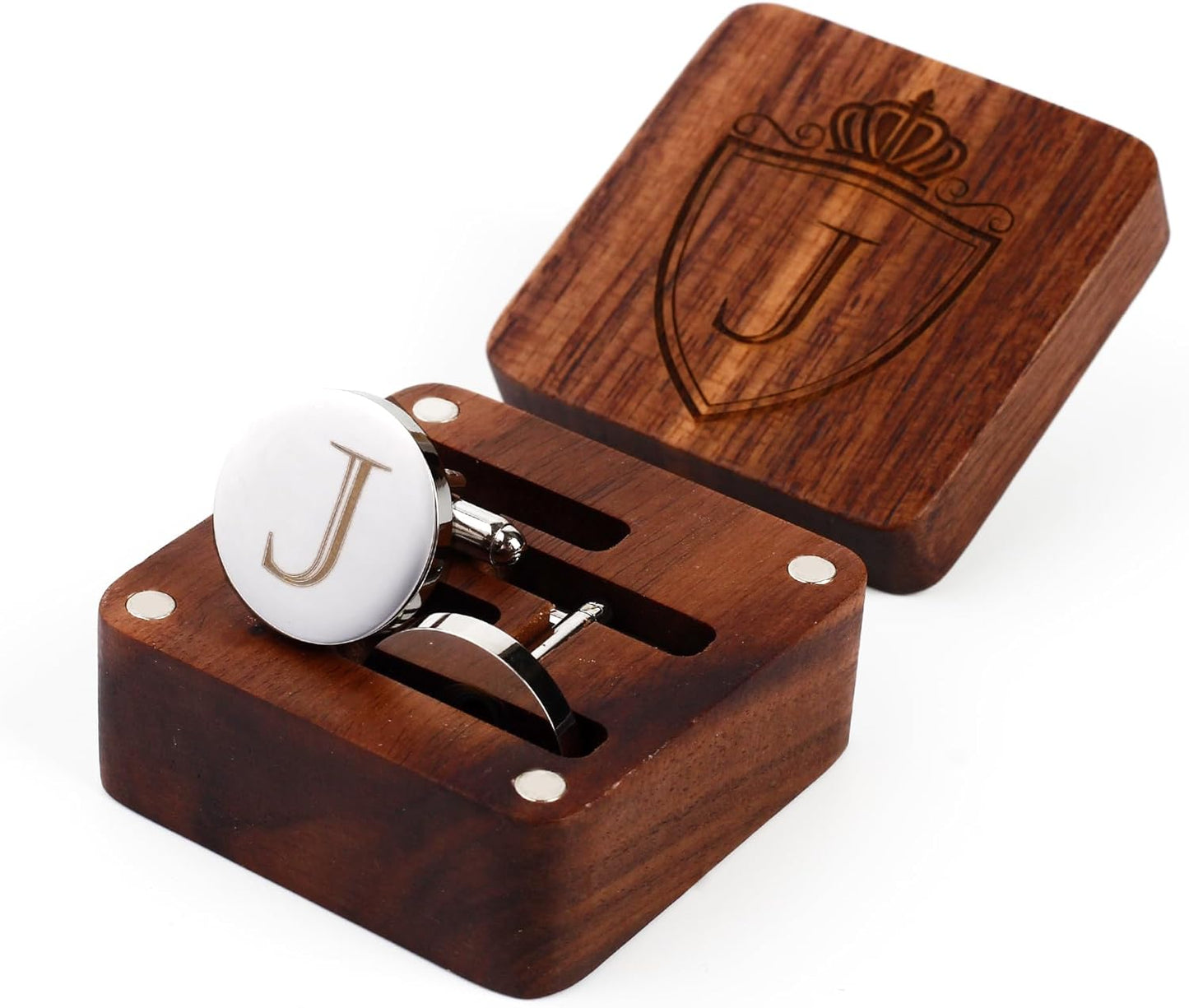 Mens Initial Silver Cufflinks A-Z Alphabet Letter Steel Cuff Links with Engraved Walnut Wood Box Groom Groomsman Wedding Set…