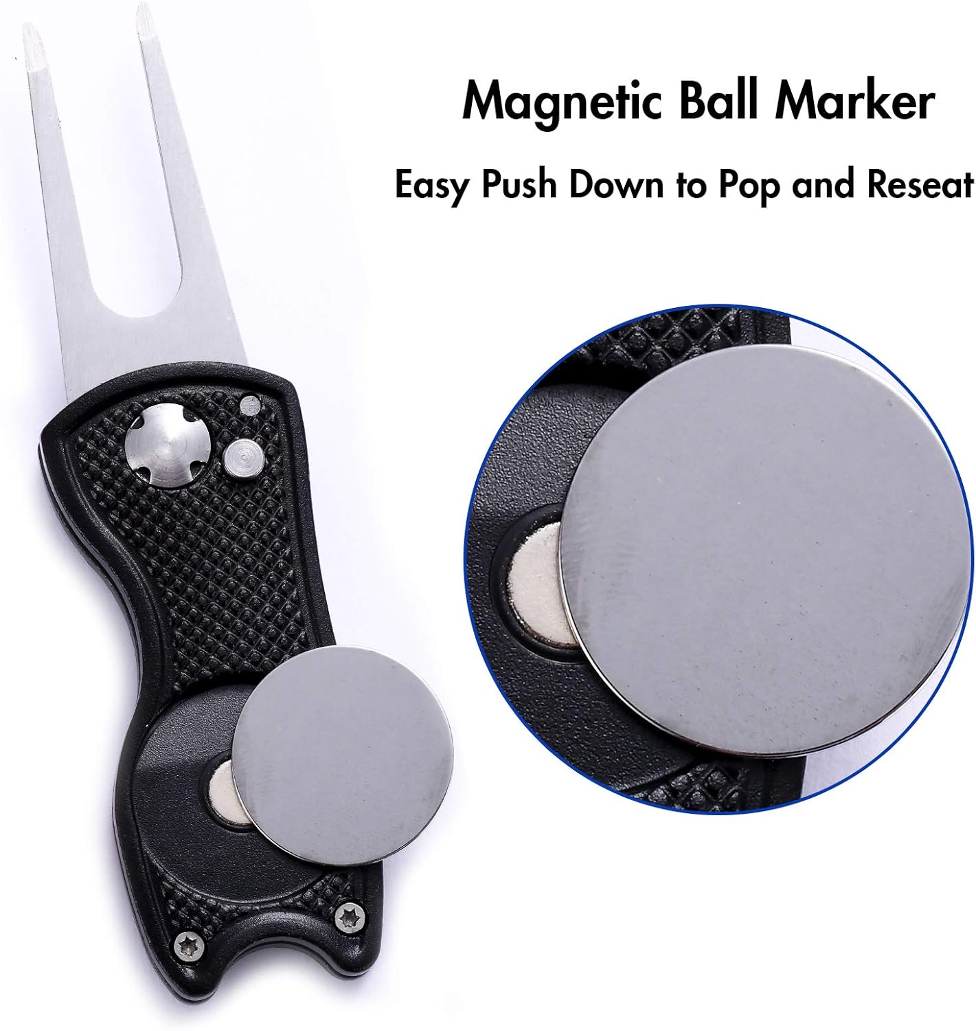 2 Pack Metal Foldable Golf Divot Tool with Pop-up Button & Magnetic Ball Marker (Pack of 2, Fish Design)