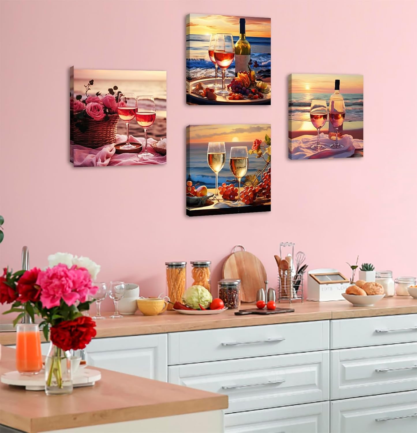 Kitchen Decor Dining Room Wall Art Wine Glass Still Life Fruit Goblet Canvas Prints Artwork Beach Sunset Landscape Romantic Poster Bar Restaurant Home Decoration Framed Ready to Hang 12"X12"X4 Panels