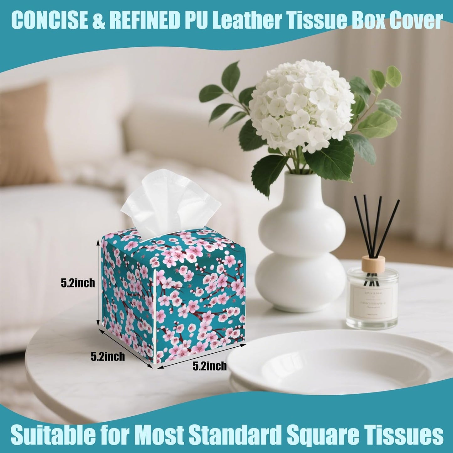 Pink Cherry Flowers Tissue Box Cover Square,Plum Leather Tissue Holder with Bottom Belt,Waterproof Leather Facial Paper Organizer Tissue Box Cover for Home Office Vanity Countertop,5.2" x 5.2" x 5.2"