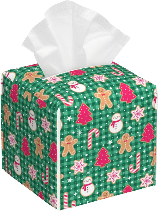 Christmas Gingerbread and Snowman Tissue Box Cover Square,Merry Christmas Snowflakes Candy Canes Tissue Box Holder Waterproof Leather Facial Paper Organizer for Car Bathroom Nightstand Vanity Desk