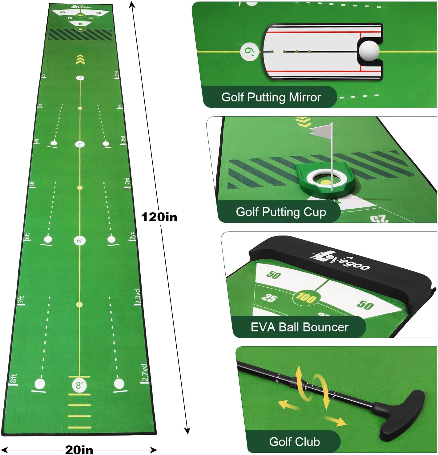 Golf Practice Mat with Alignment Mirror - 20 in X 120in Golf Putting Mat Training Aid Mat, Anti-Slip Backing Golf Putting Green for Indoor/Outdoor