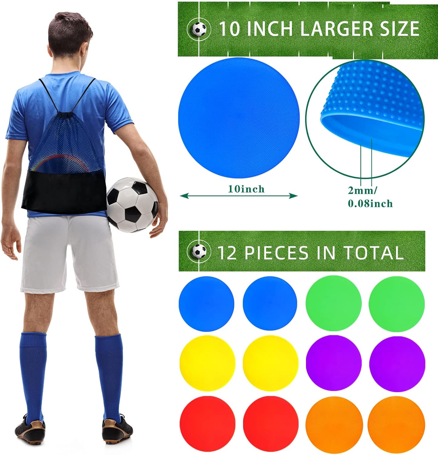 Poly Spot Markers 10 inch 12 Pcs Non-Slip Rubber Agility Training Markers Floor Dots Flat Field Cones for Football, Soccer, Basketball, School Exercise Drills, Dance Practice