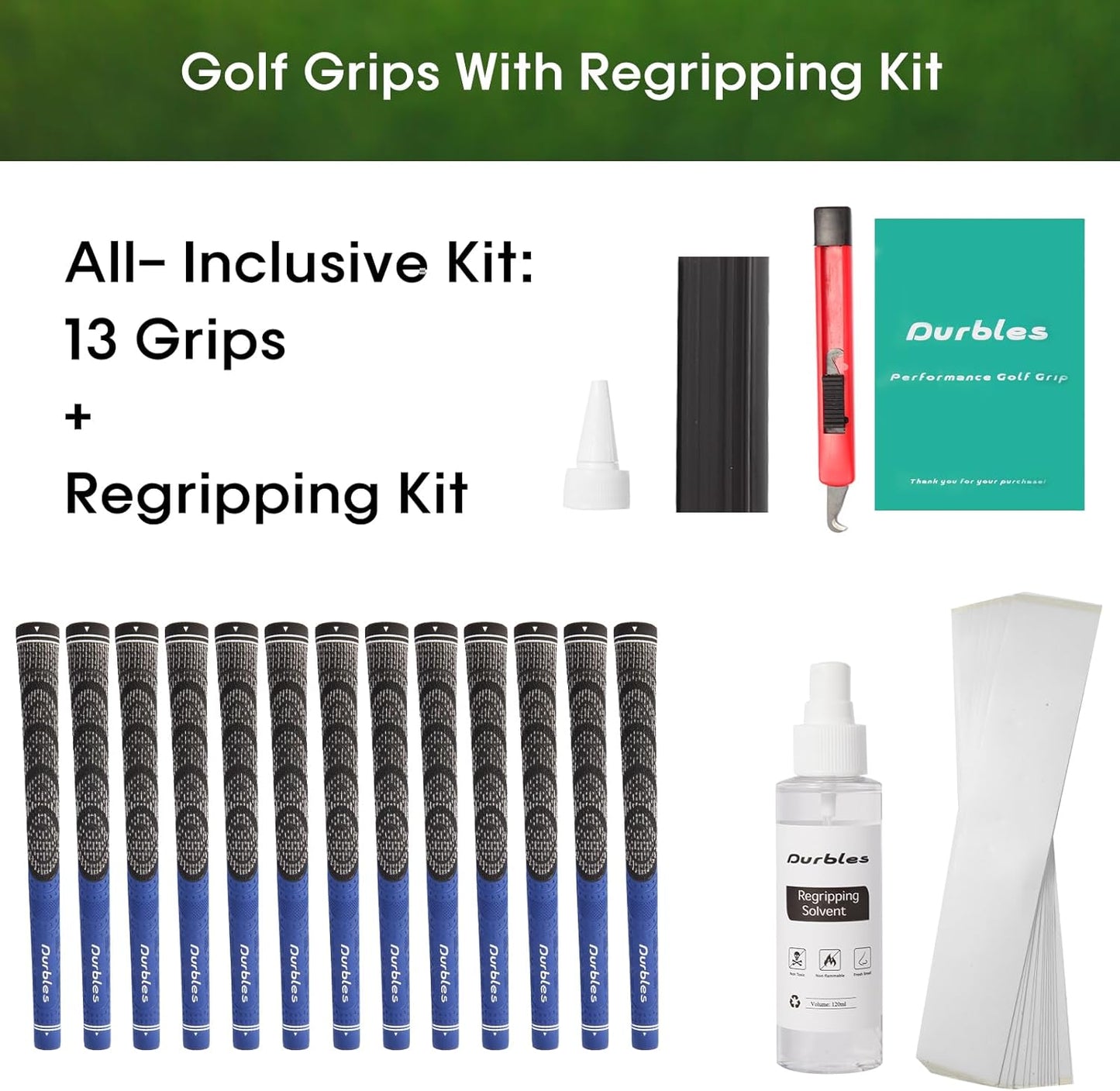 Golf Grips with Regripping Kit – All Weather Multi-Compound Golf Club Grips for Men & Women – Corded Rubber Grip Set – Standard & Midsize Wood and Iron Grip Kit – All Level Golfing Accessories