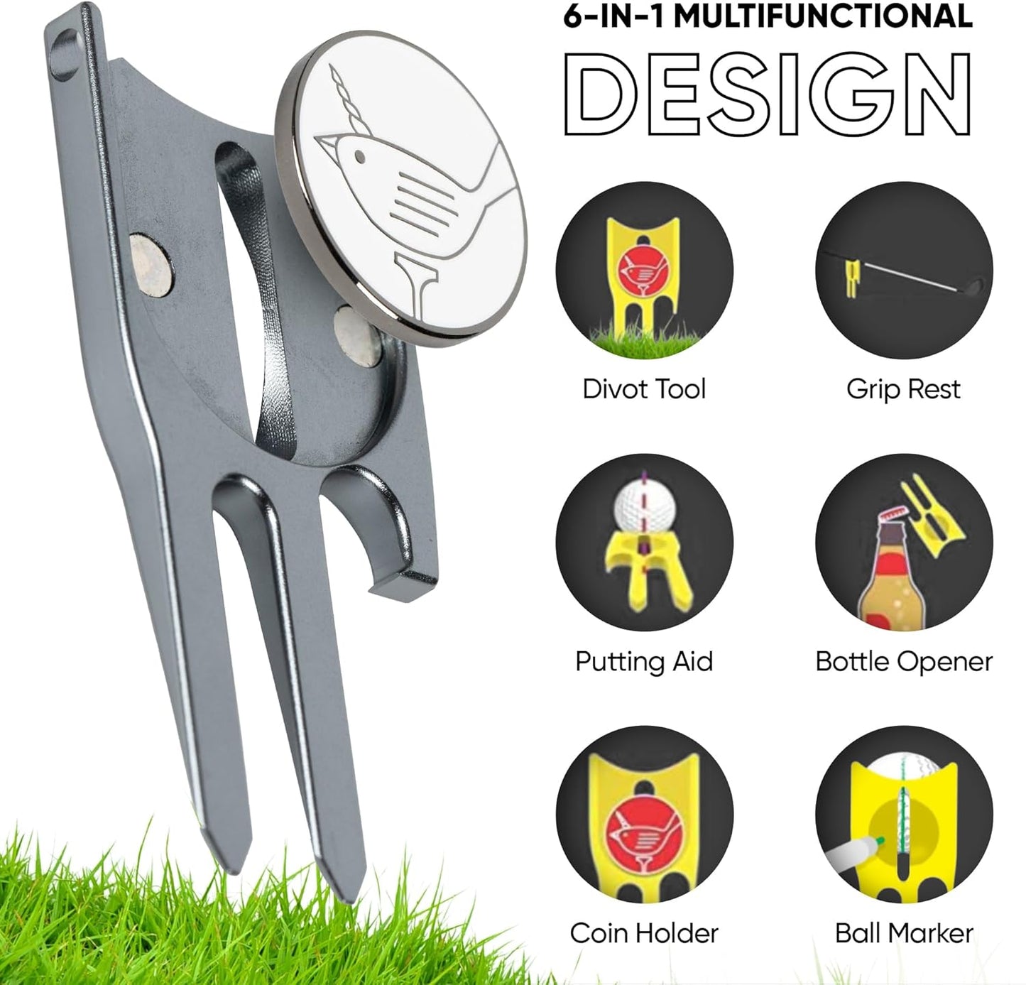 Birdicorn Golf Divot Repair Tool & Golf Ball Marker 6-in-1 Golf Divot Tool