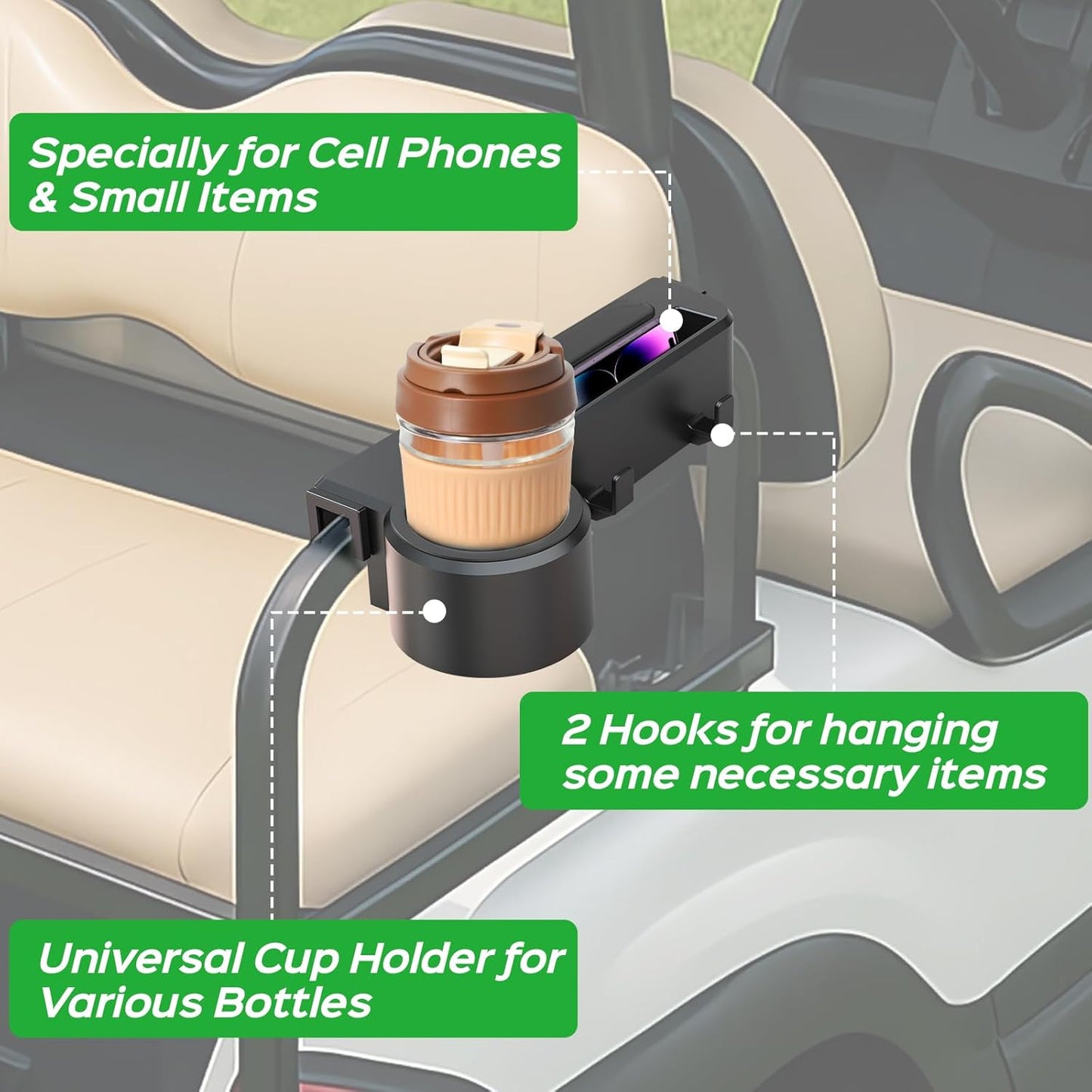 Golf Cart Armrest with Cup Holder - Universal Fit for EZGO/Club Car/Yamaha Rear Seat, Fits 1”/1.25” Square Tube Frames, Durable ABS Construction, Phone Holder, No Drilling