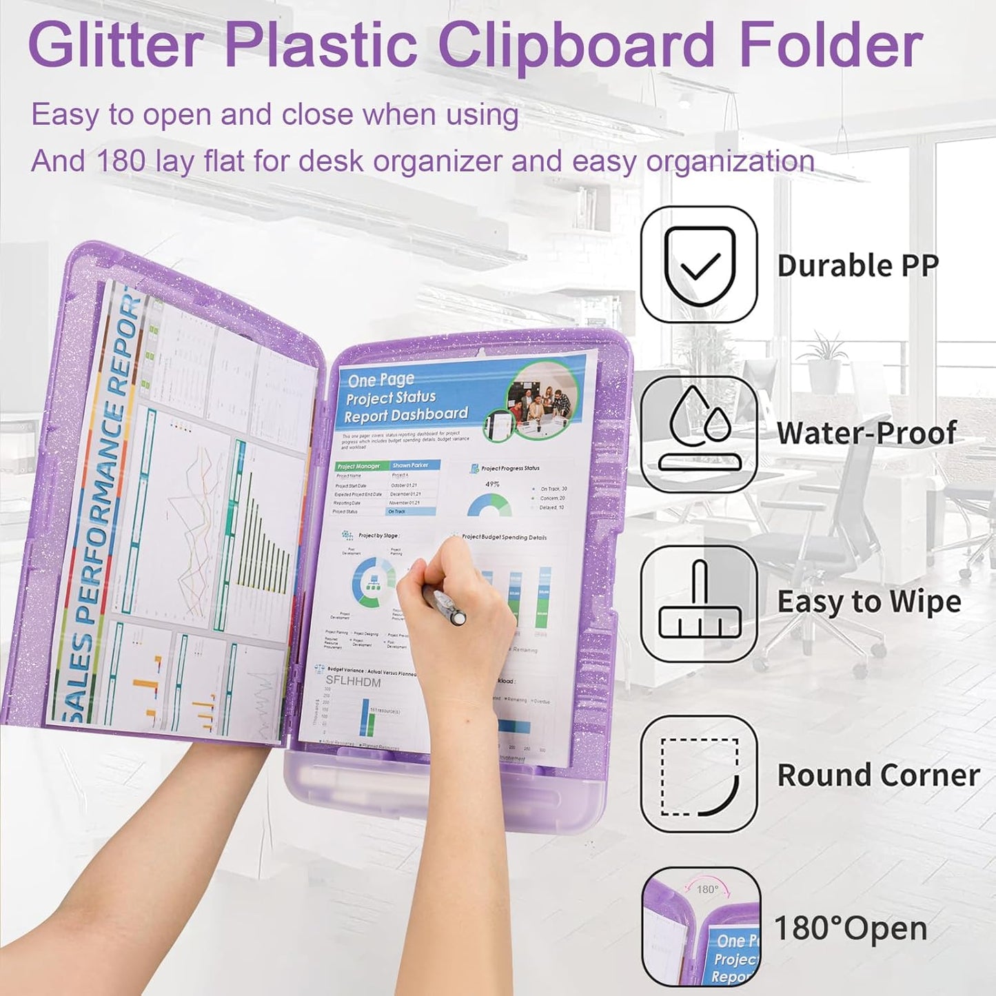 Glitter Clipboard with Storage,Storage Clipboard with Pen Holder,A4 Binder Clip Boards 8.5x11 with Low Profile Clip,Side Opening Sparkle Clipboards, Clipboards Folder for Office Supplies-Pale Purple