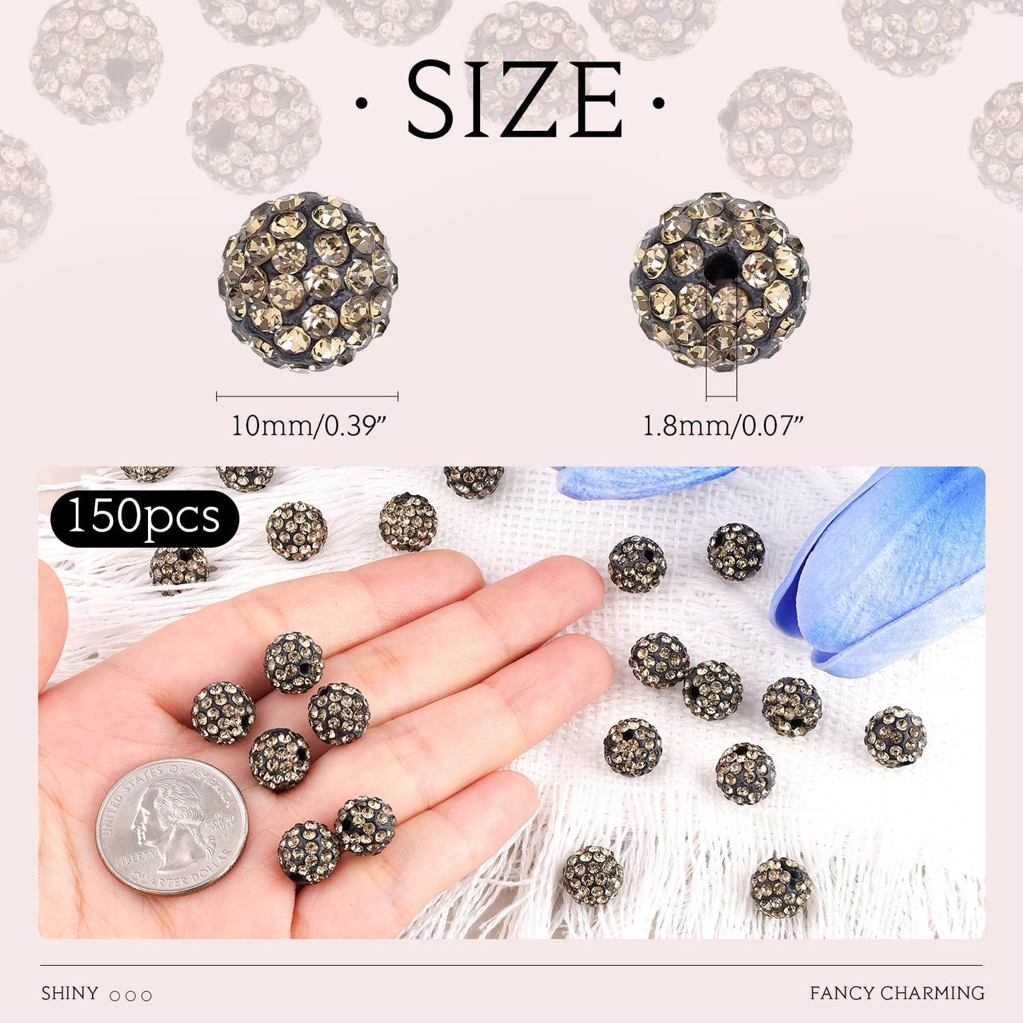 150pcs 10mm Rhinestone Beads for Jewelry Making, Gray Shiny Round Shamballa Disco Ball Beads Bulk, Sparkle Crystal Clay Christmas for Bracelet Baseball Necklace Earring Crafting and DIY