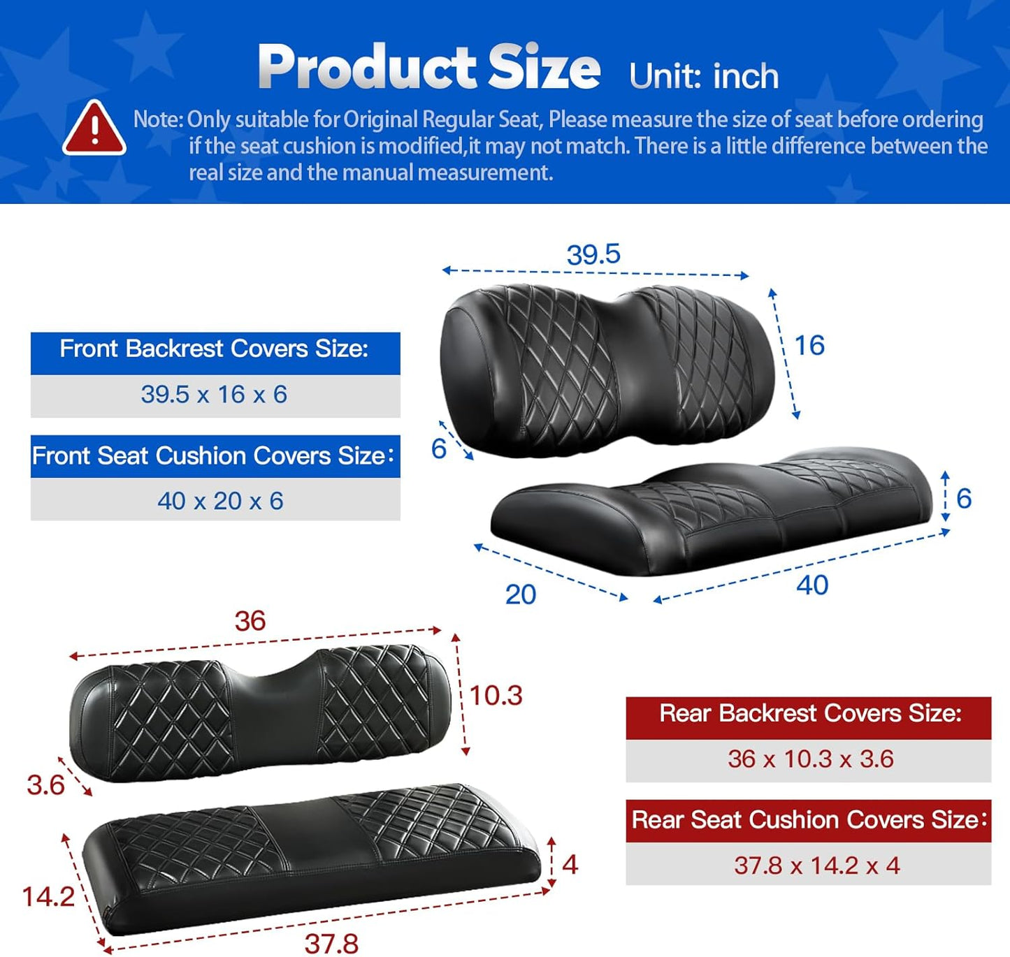 NOKINS Golf Cart Front&Rear Seat Covers Kit, Front Seat Covers Fits Club Car Precedent/Tempo/Onward Premium Seat Cushion, Rear Seat Covers Fits Aftermarket Standard Cushion (Black&Black Stitch)