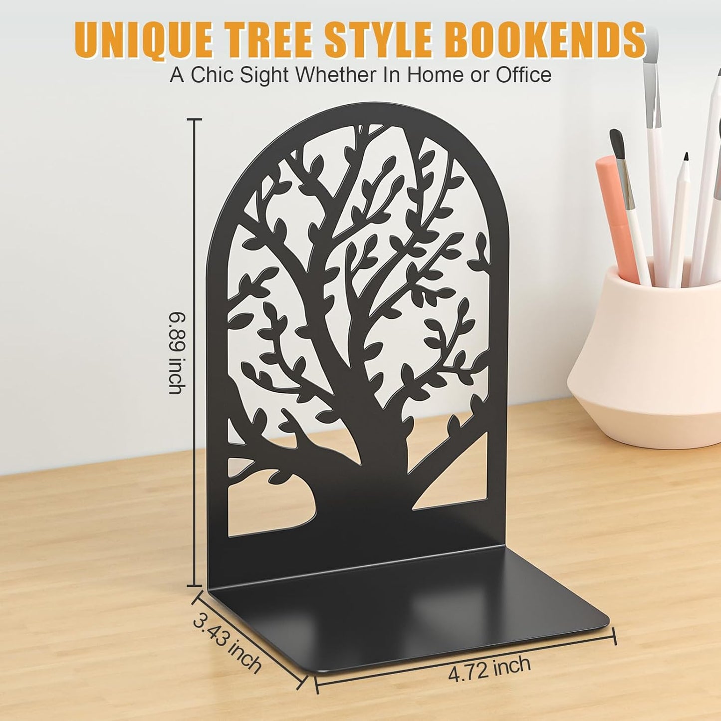 VFINE Tree Style Bookends 3 Pairs, Bookends for Shelves, Tree Metal Book Ends, Book Holder for Shelves, Decorative Unique Black Book Ends to Hold Books, Book Stopper Office Supplies