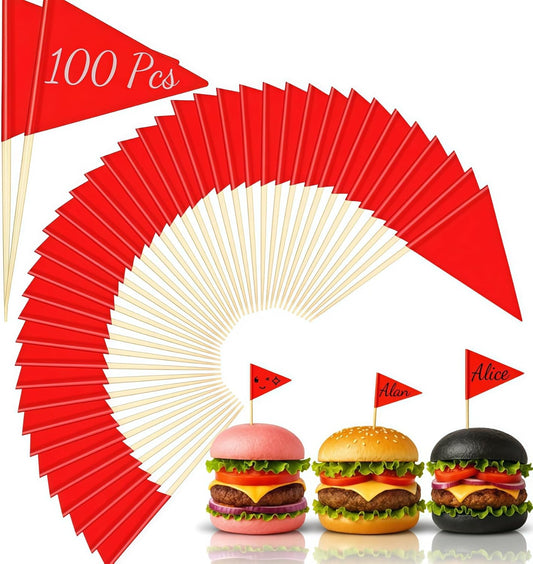 100 PCS Solid Red Toothpick Flags - Mini Plain Red Triangle Sticks with Writable Surface, Golf Cupcake Toppers Sticks Blank Flag Fruit Cheese Markers for DIY Decorations & Custom Labeling