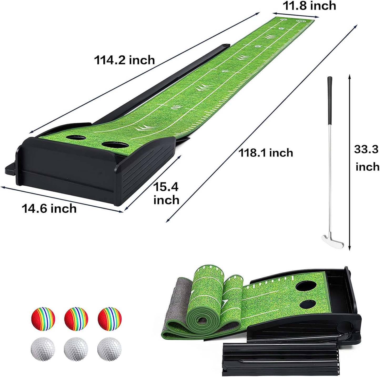 Golf Putting Green Indoor Putting Green Set with Putter & 6 Balls, Putting Practice Mat with Auto Ball Return System Suitable for Office, Backyard, Patio, Golf Gift for Men