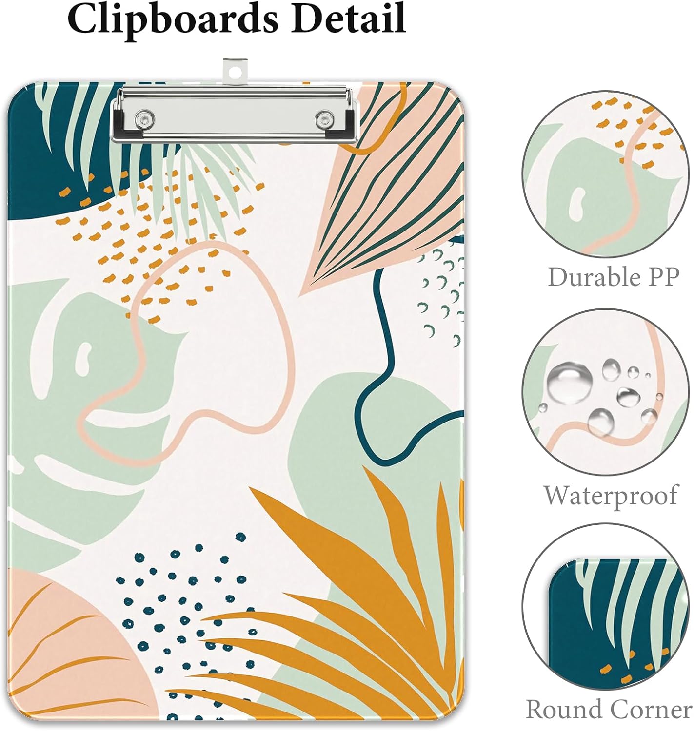 Rimilak Plastic Clipboards with Metal Clip, A4 Letter Size 9 x 12.5 in, Office Decorative for Students Women Men and Kids, Cute Custom Pattern, Bohe Leaves