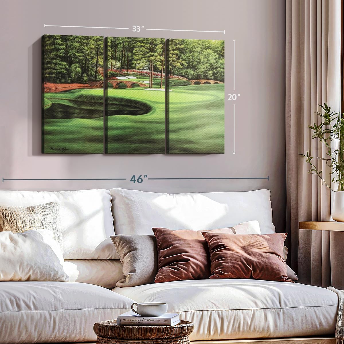 ElephantStock Augusta National 11th Hole I Wall Art - Horizontal Canvas - 3-Piece Living Room Wall Decor - Painting Sports Canvas Print - Green and Brown Decor for Wall by Marci Rule - 33" X 20"