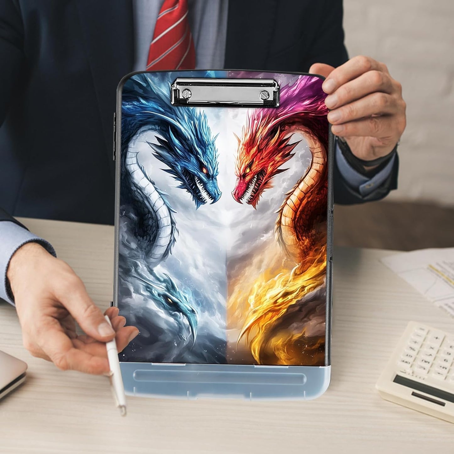 Clipboard with Storage - Large Capacity,Nursing Clipboard with Pen Holder,Heavy Duty,Plastic Side-Opening Folder for Teacher,Nurse - Blue Red Dragon