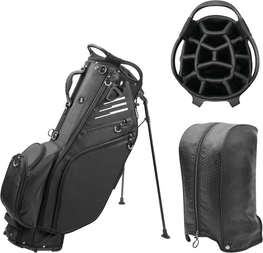 Golf Stand Bag 14 Way Full-Length Dividers with Stand, Lightweight Waterproof Golf Bag, 8 Pockets, Cooler Pouch,Golf Club Bag for Men, Dual Strap, Rain Hood, Black