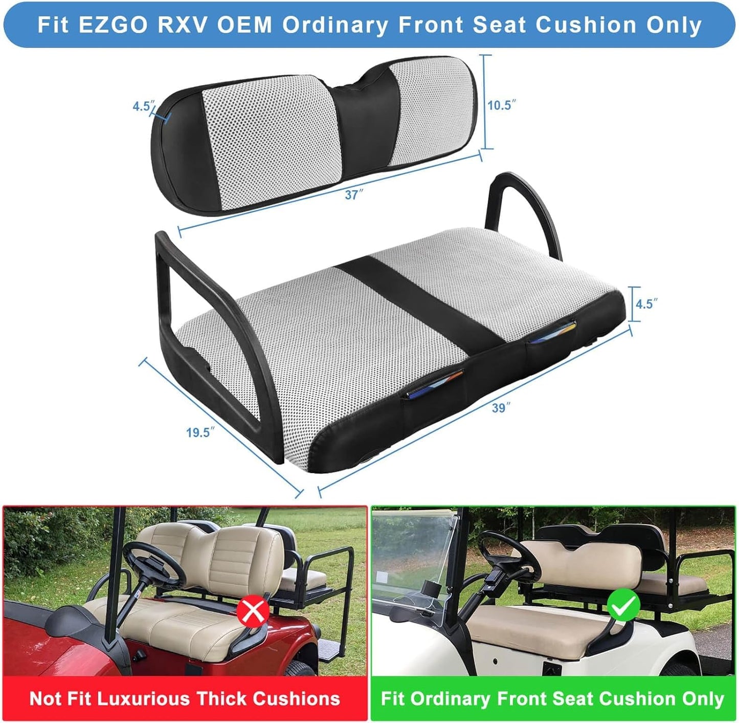 MOSNAI EZGO RXV Seat Cover, Golf Cart Front Seat Cover Fit for EZGO RXV OEM Ordinary Seat Cushion, Breathable Polyester Mesh Cloth and Leather Combination Appearance, No Need Detaching Armrests