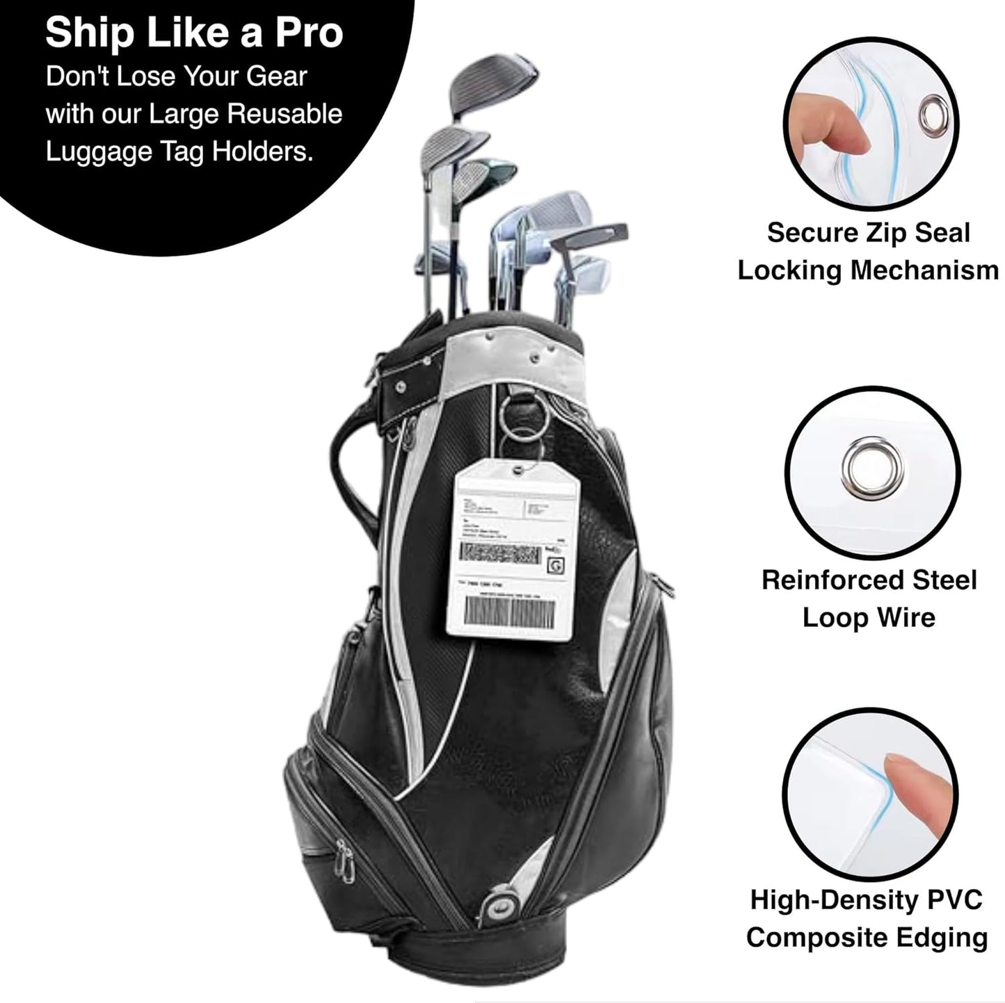Golf Bag Luggage Tag - Extra Large 9" x 6", Waterproof Plastic Zipper Pouch, PVC Tags for Golf Bag - Sealable Label Holder (1)