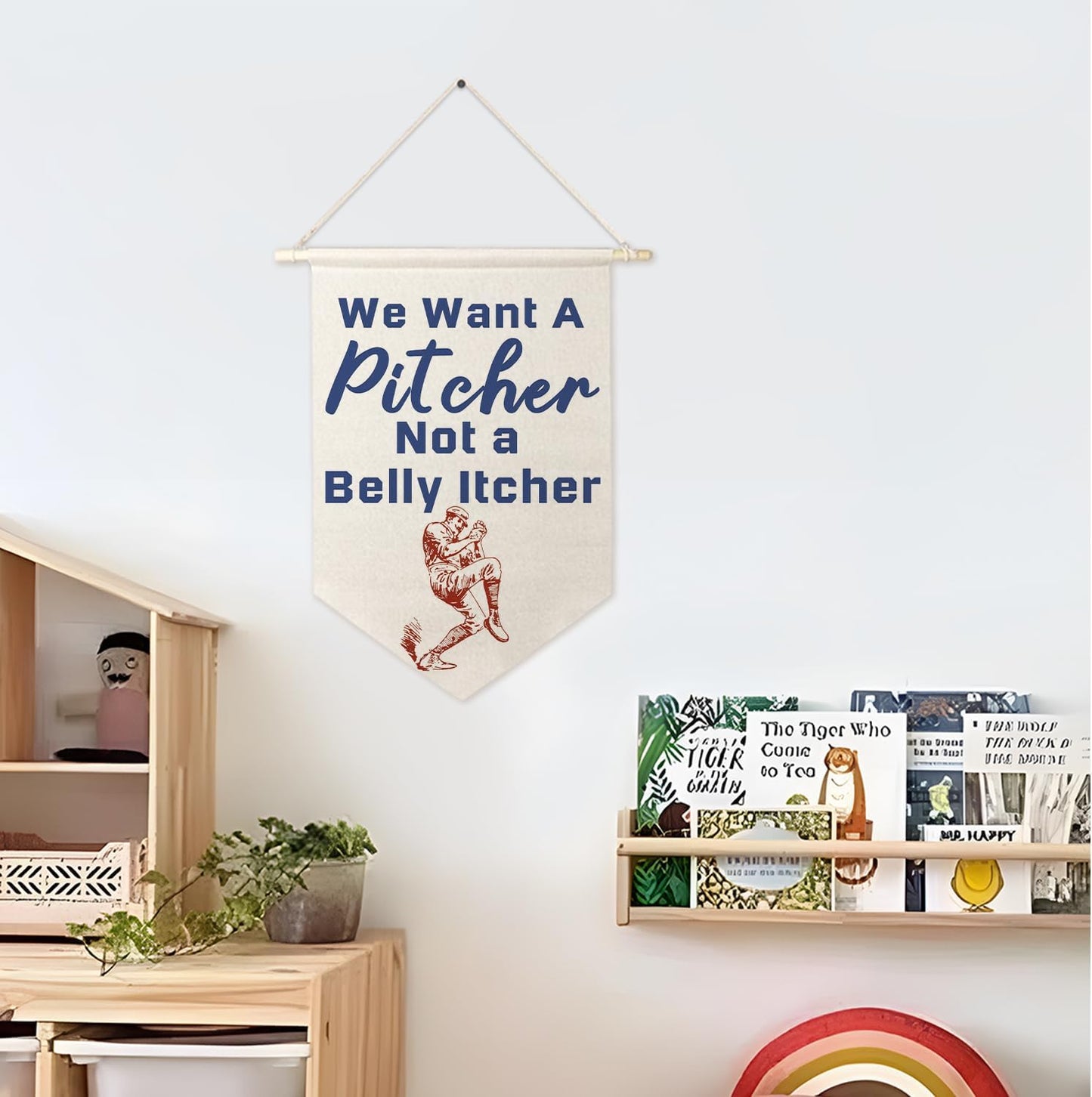ArtisaEura Inspirational Wall Canvas Banners, We Want a Pitcher Not a Belly Itcher Hanging Display Pennant Banner Flags, Vintage Baseball Wall Decor for Kids Boys Toddler Room Playroom