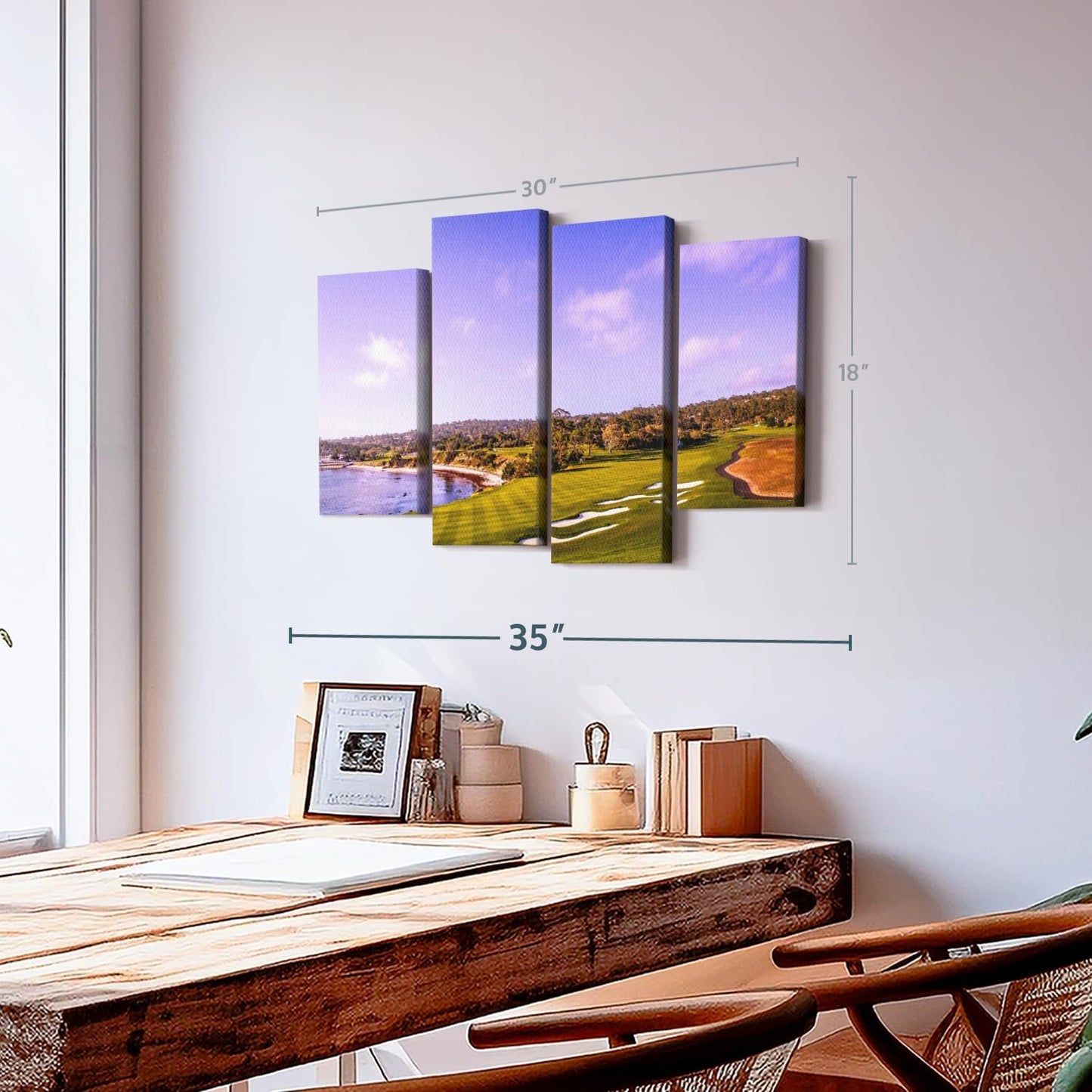 Elephant Stock Coastline Green Golf Course Wall Art - Horizontal Canvas - 4-Piece Living Room Wall Decor - Photography Sports Canvas Print - Blue and Gray Decor for Wall - 30" X 18"