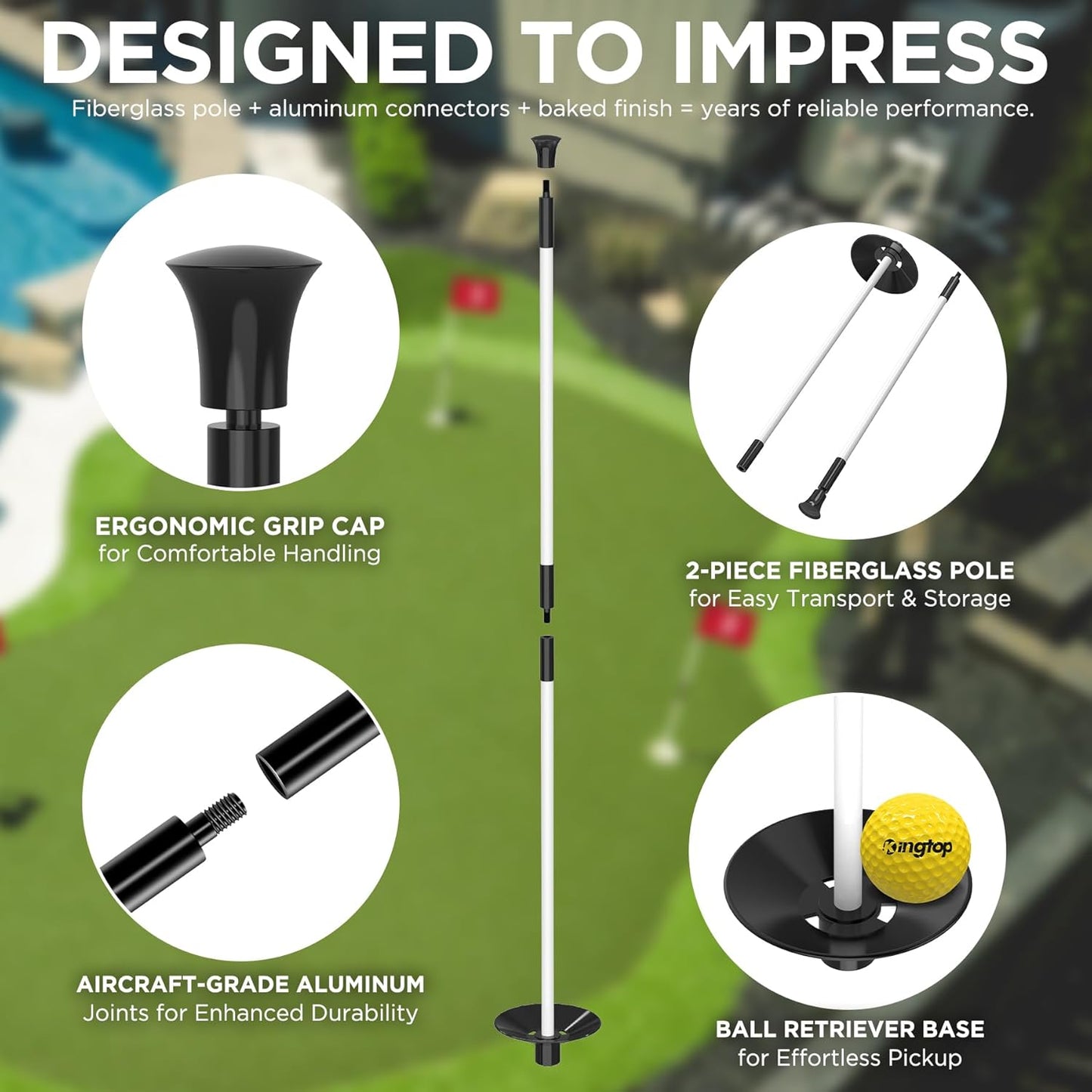 KINGTOP Golf Flagstick Mini, Practice Putting Green Flags for Yard, All 3 Feet, Golf Pin Flag Hole Cup Combo Kit, Fiberglass Portable 2-Section Design, Double-Side American Flag