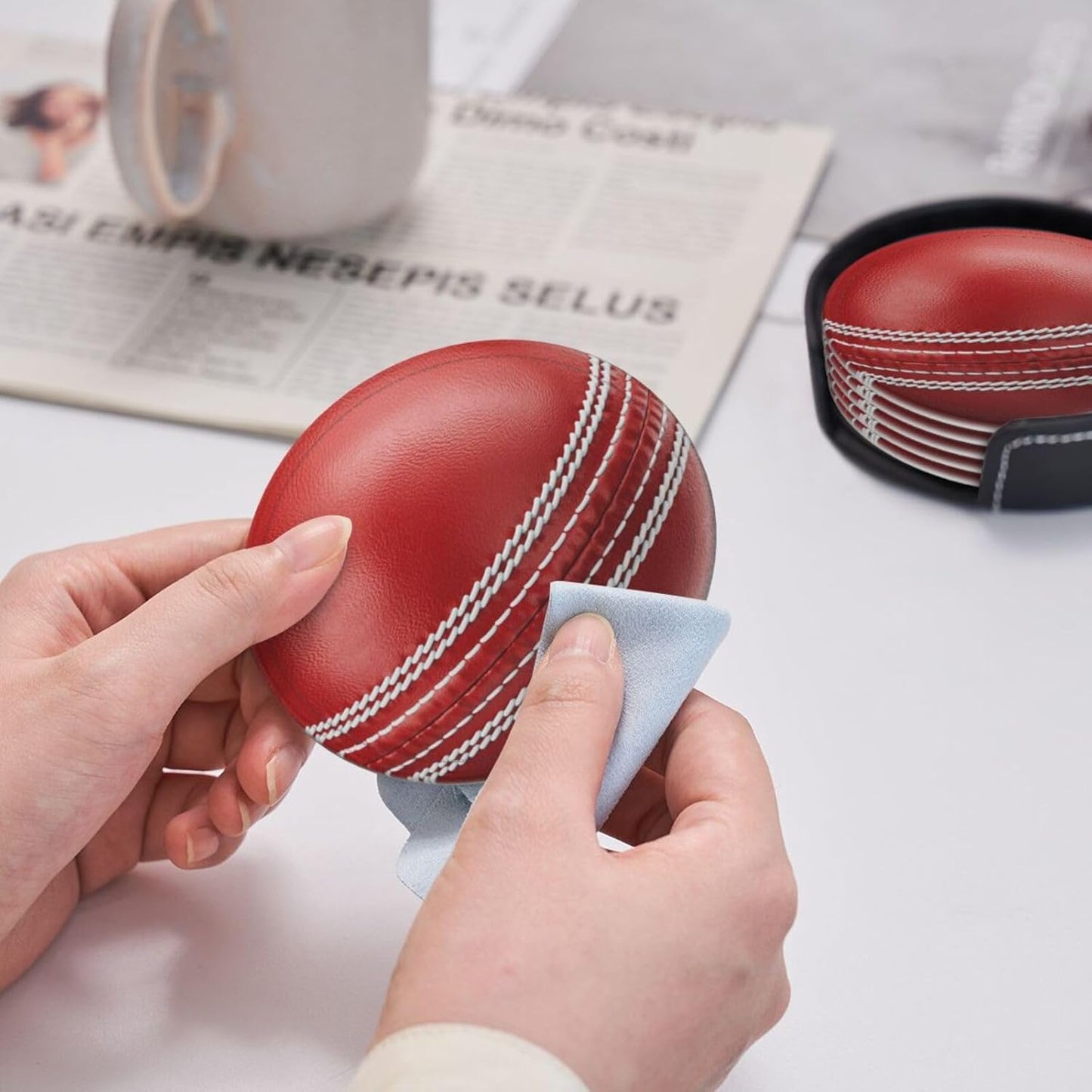6 Pcs Cricket Ball Drink Coasters with Holder Coasters for Drinks Coffee Table Home Decor Housewarming Gift